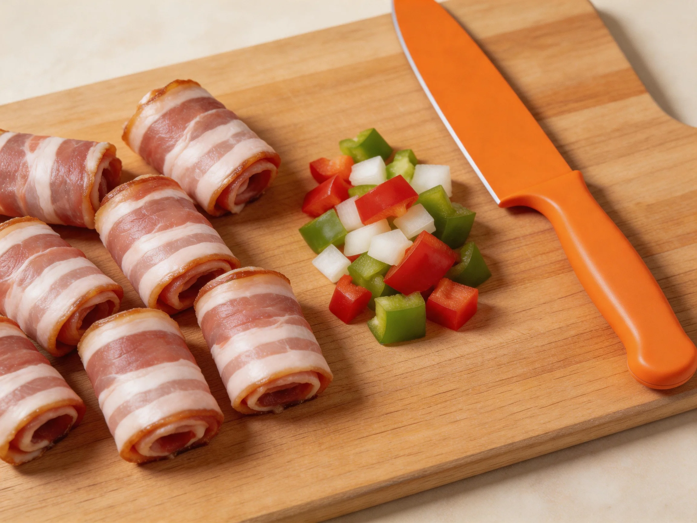 Six bacon-wrapped rolls sit beside diced peppers, onions, and an orange knife on a wooden cutting boa