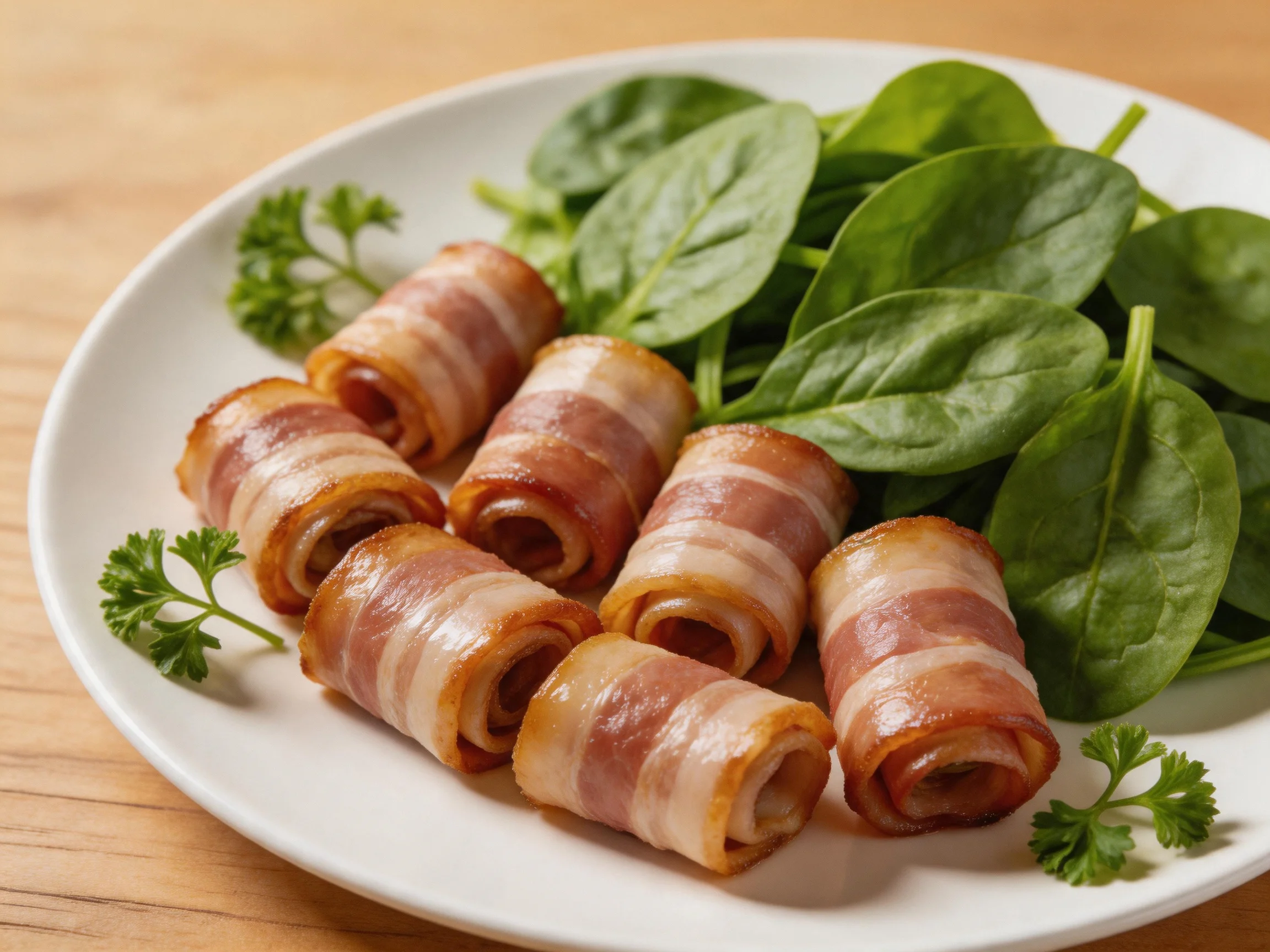 Six bacon-wrapped rolls with fresh spinach on a white plate