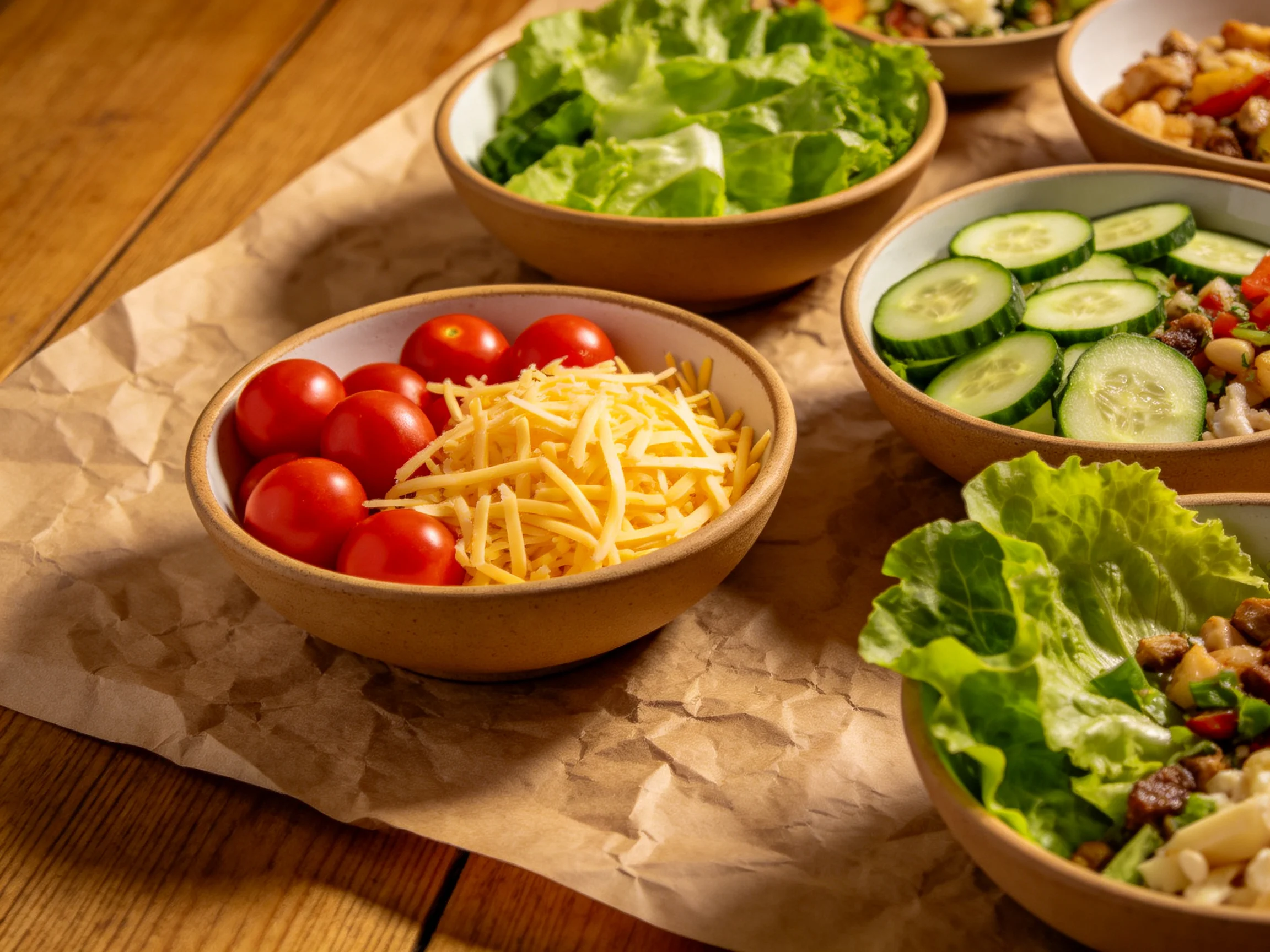 Six bowls hold fresh salad ingredients including tomatoes, cheese, and greens.