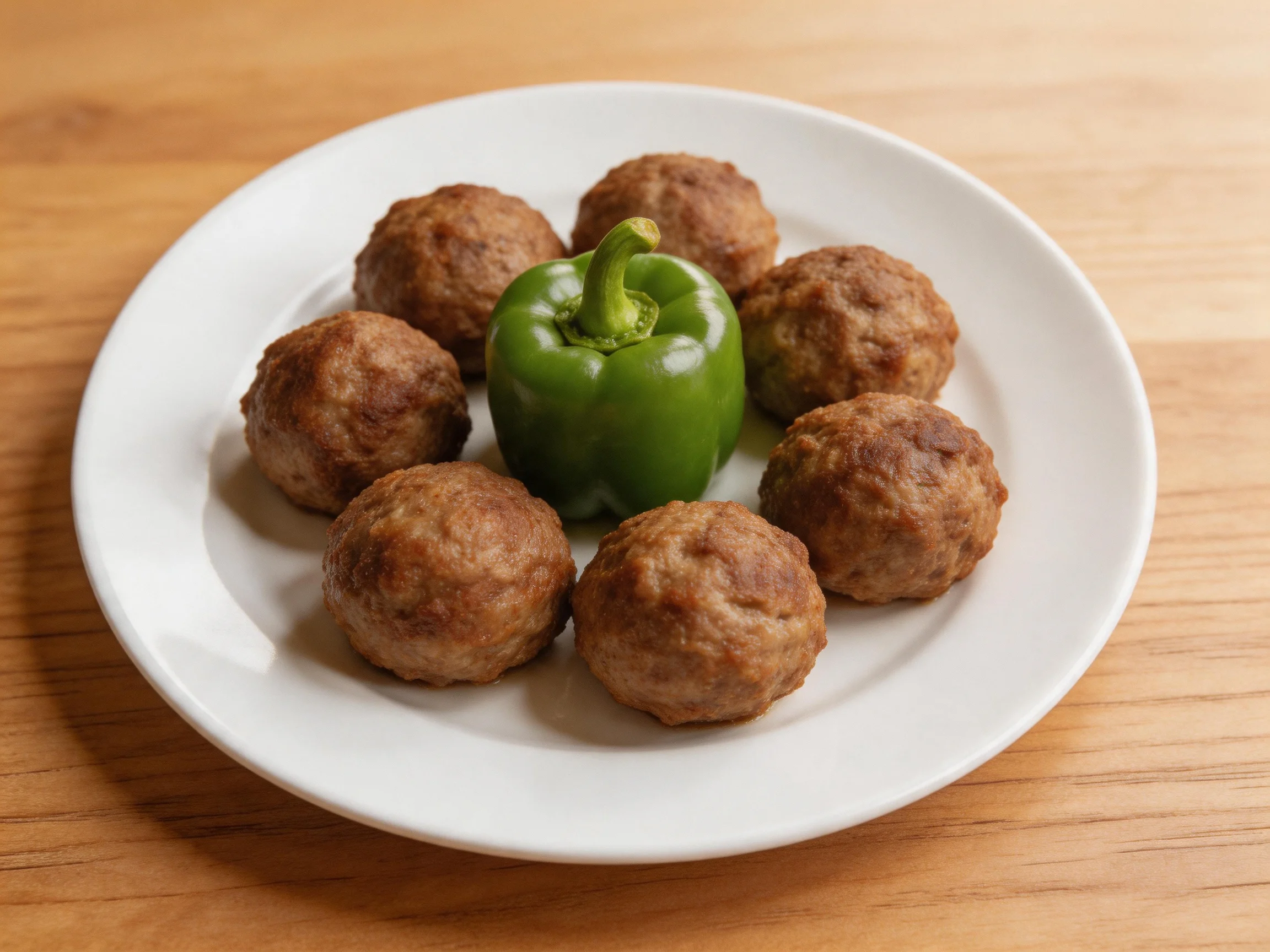 Six brown meatballs arranged around a vibrant green bell pepper on a white plate.