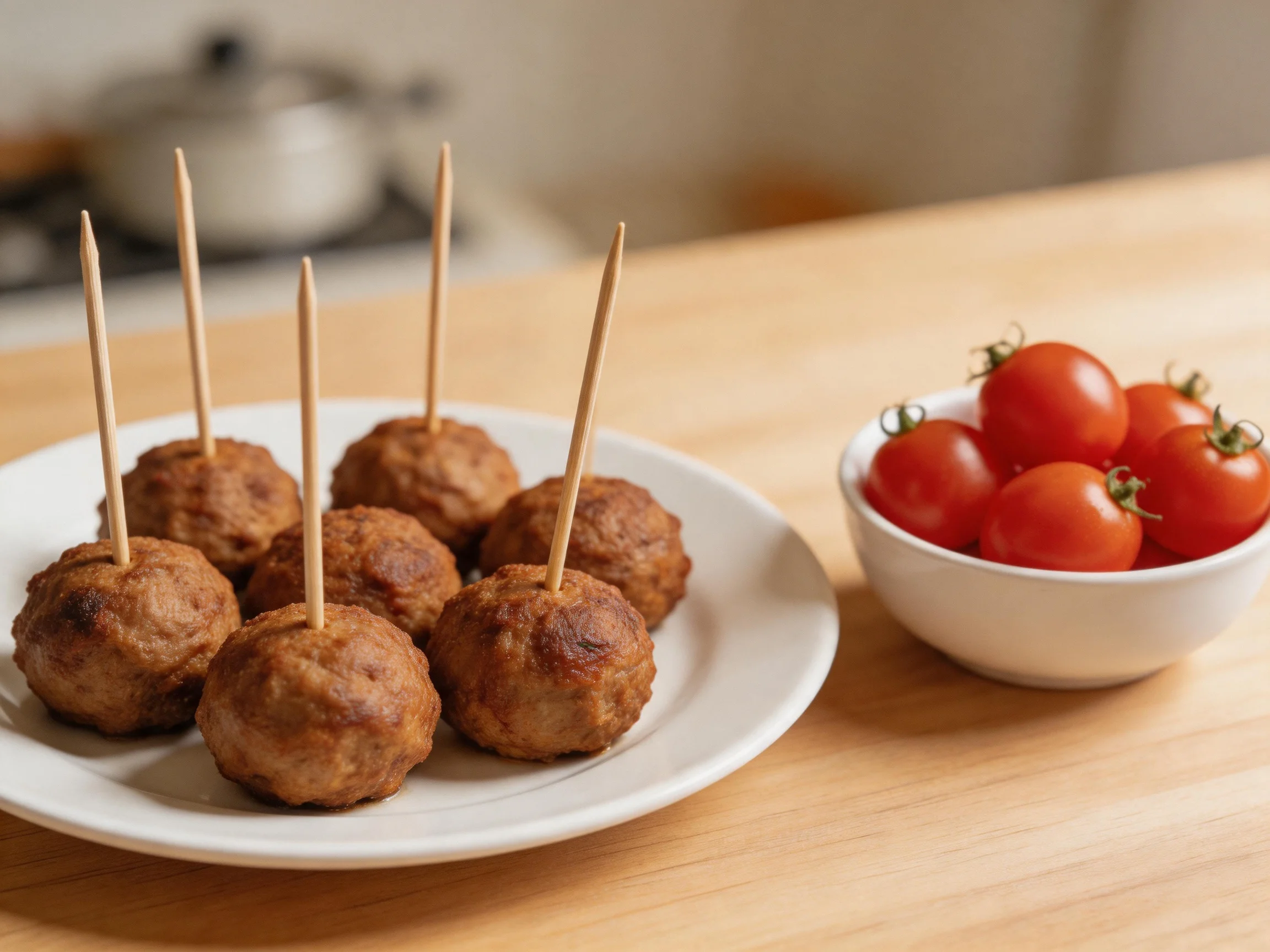 Six brown meatballs with toothpicks beside a bowl of red cherry tomatoes