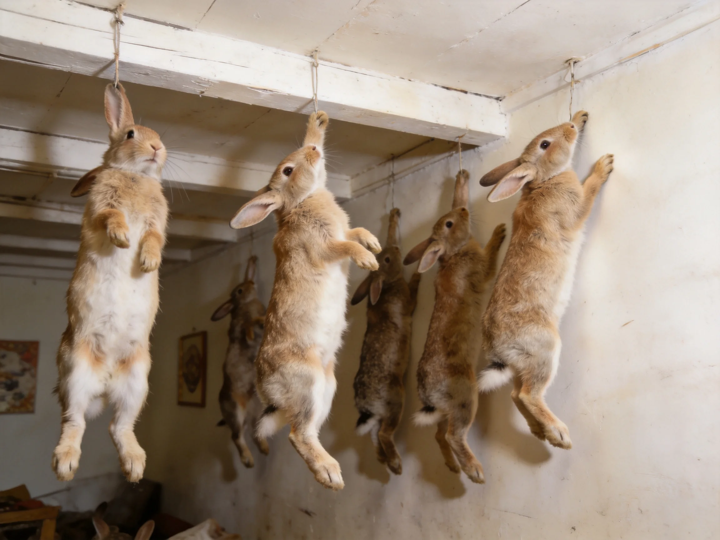 Six brown rabbits suspended from ceiling hooks in a white-walled room