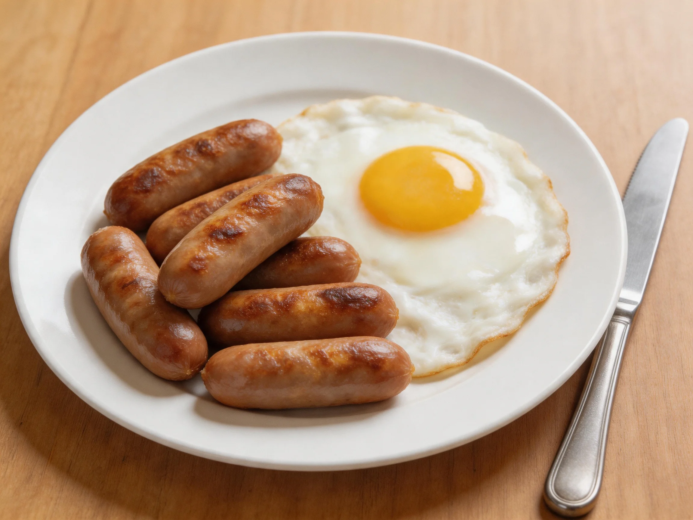 Six brown sausages and a sunny-side-up egg on a white plate