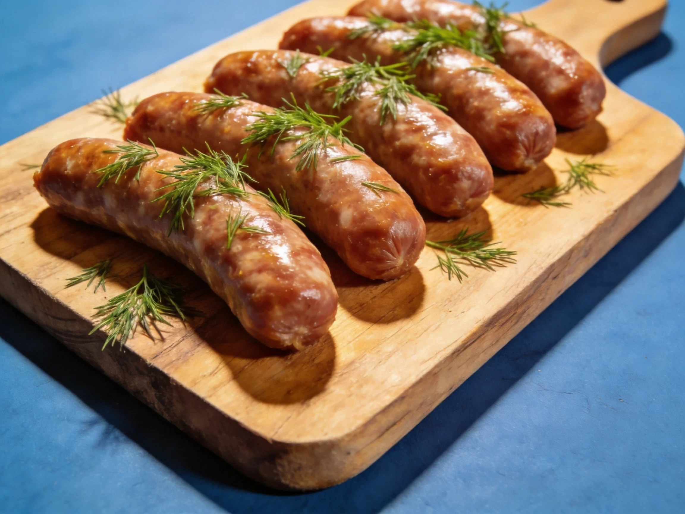 Six brown sausages garnished with green dill on a wooden cutting board