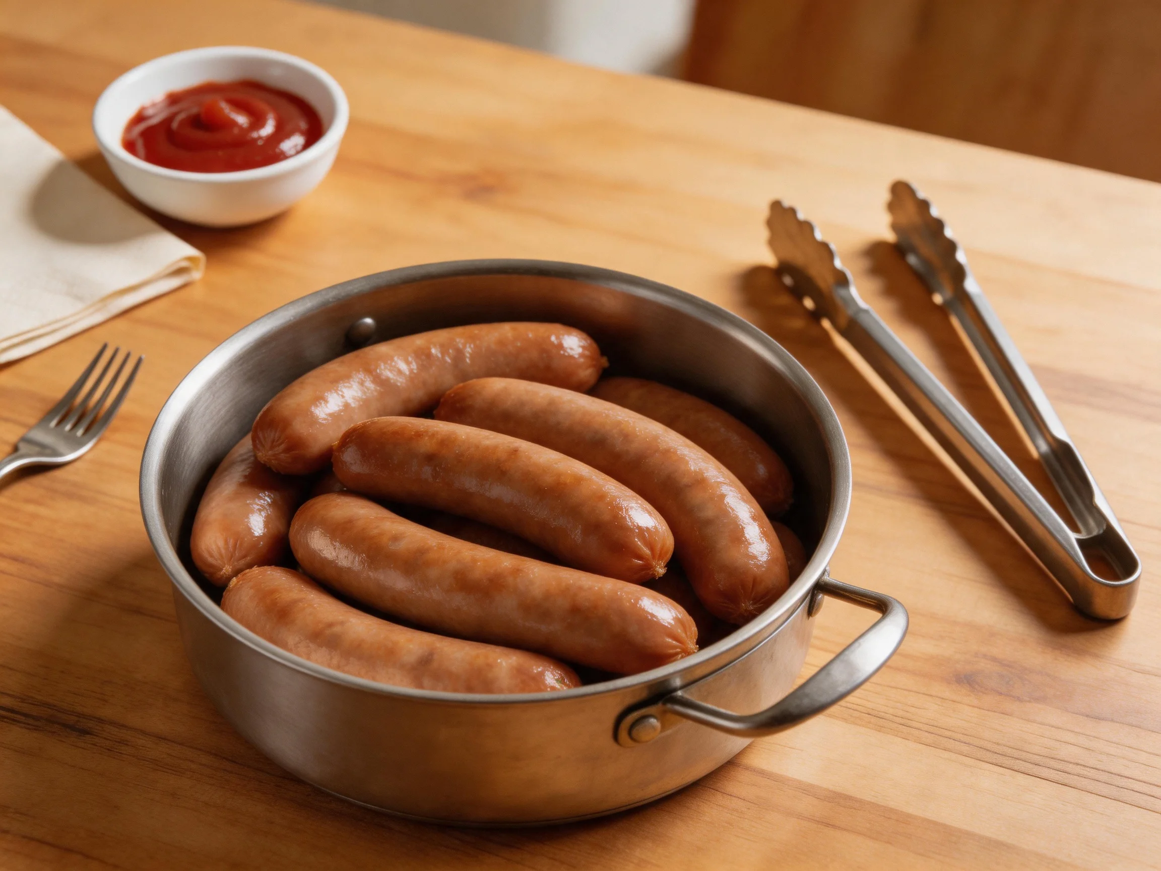 Six brown sausages in a metal pan with ketchup and tongs