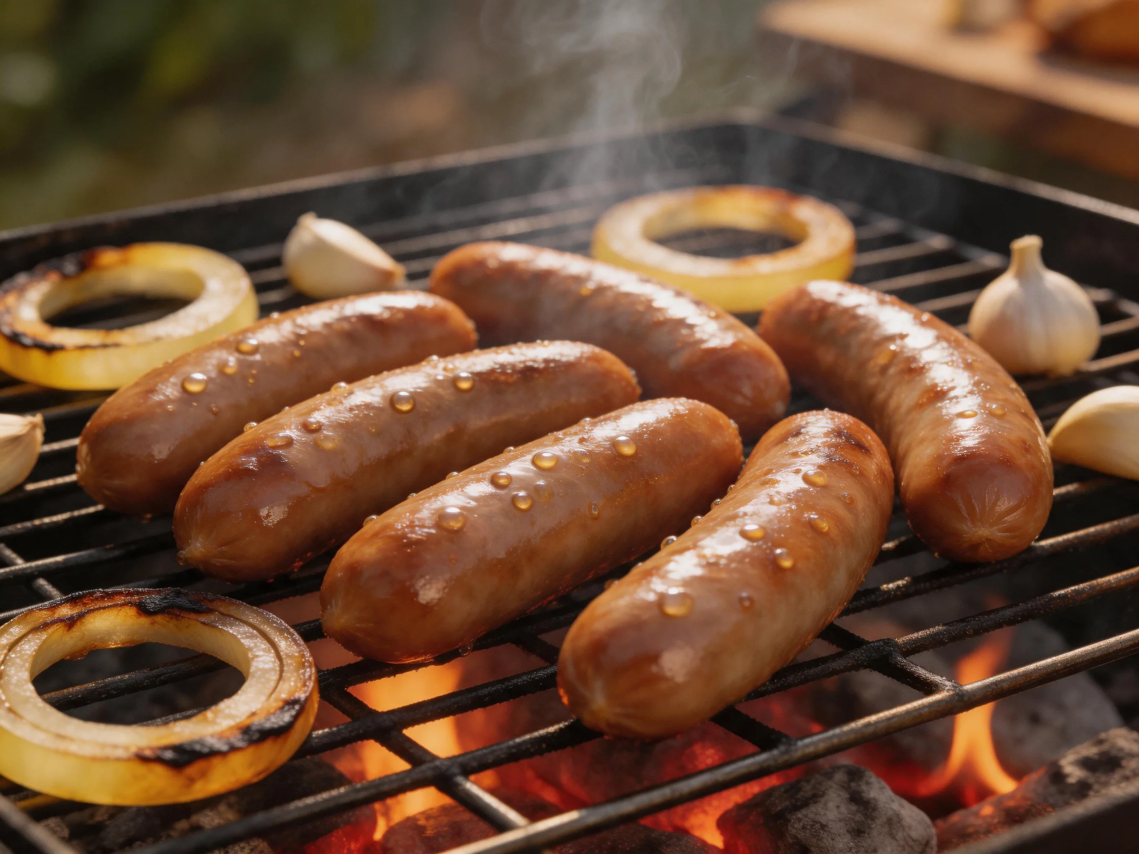 Six brown sausages sizzle with golden onion rings on a charcoal grill