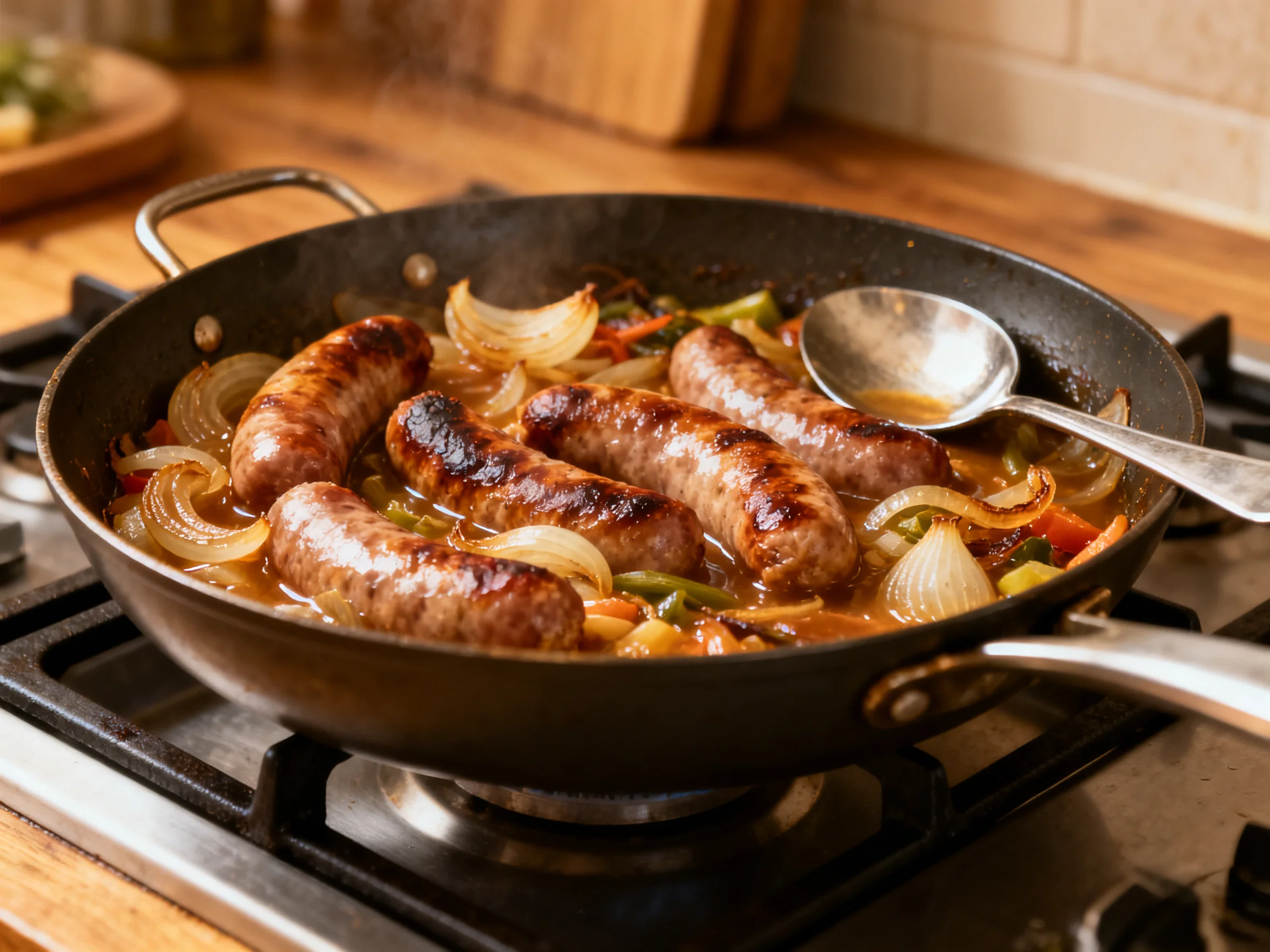Six brown sausages sizzling with onions and veggies in a black skillet