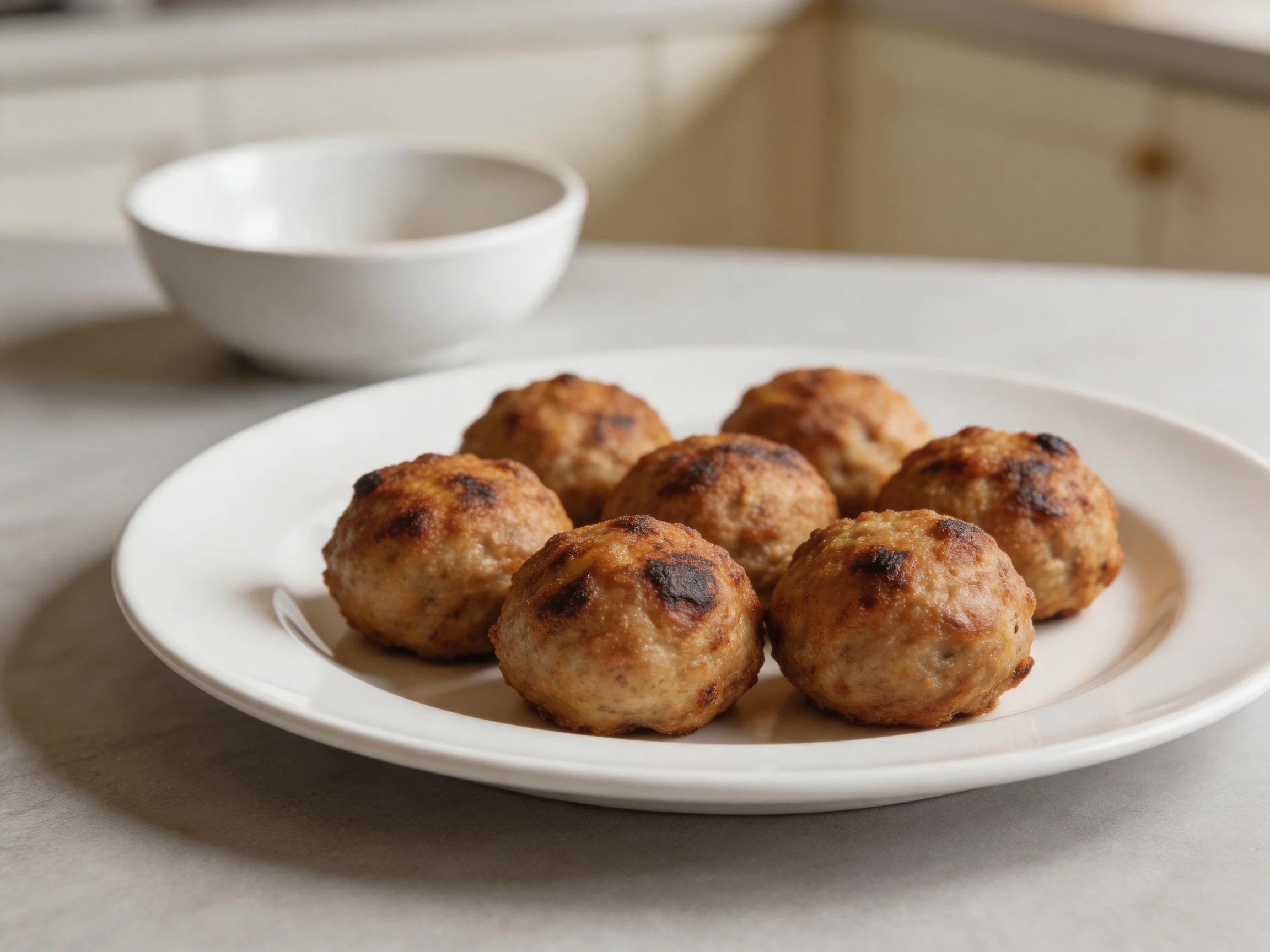 Six browned meatballs on a white plate beside a small bowl