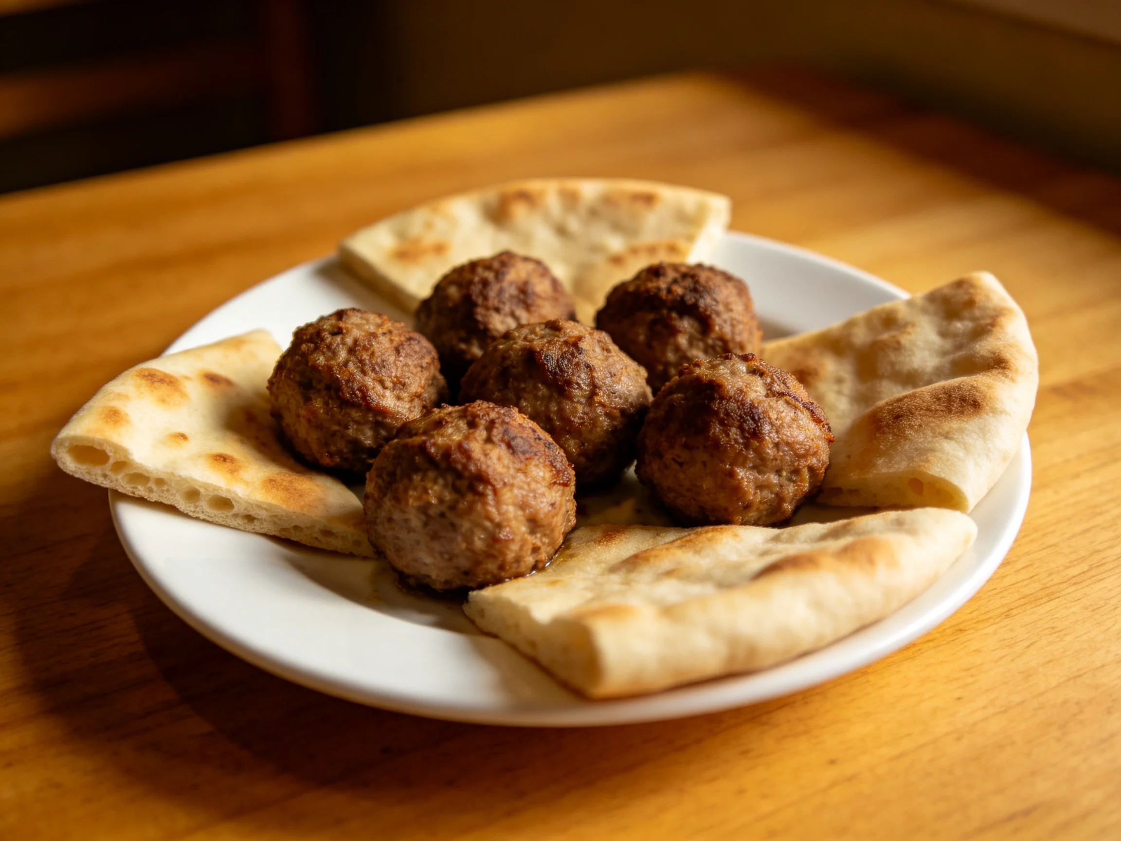 Six browned meatballs served with toasted pita wedges
