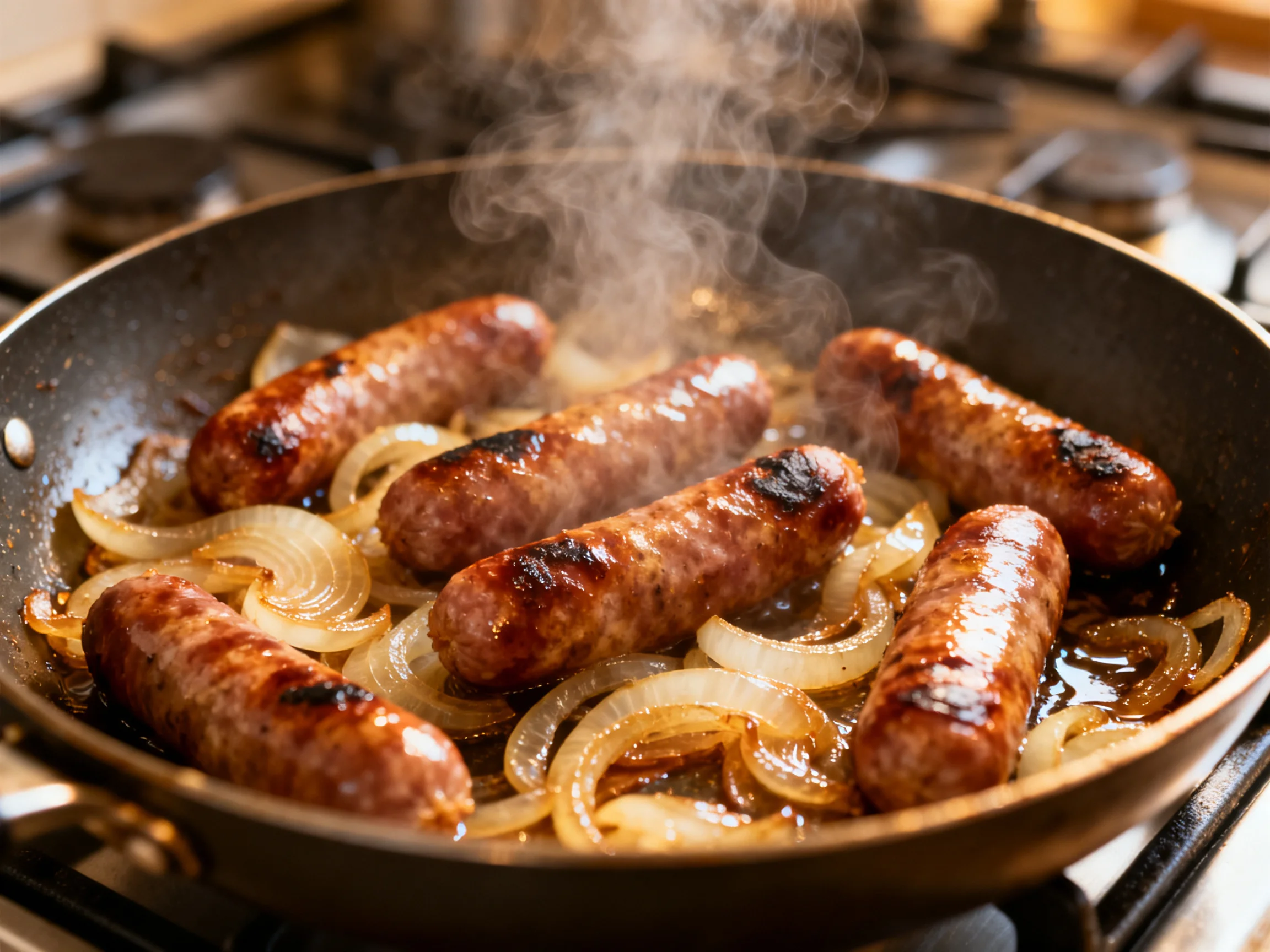 Six browned sausages cook with caramelized onions in a steaming skillet