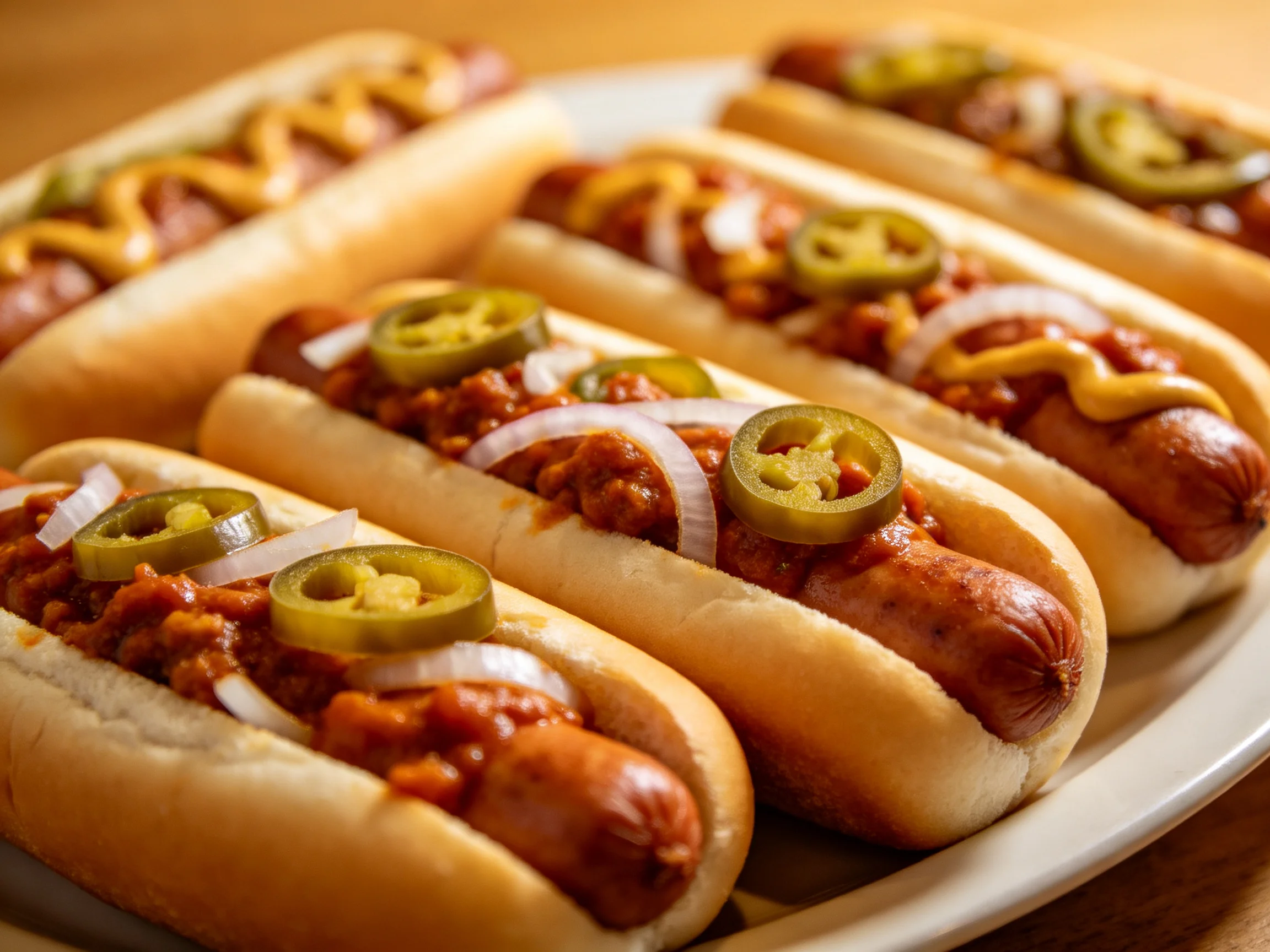 Six chili-topped hot dogs with jalapenos and onions on a plate—no consecutive duplicates.