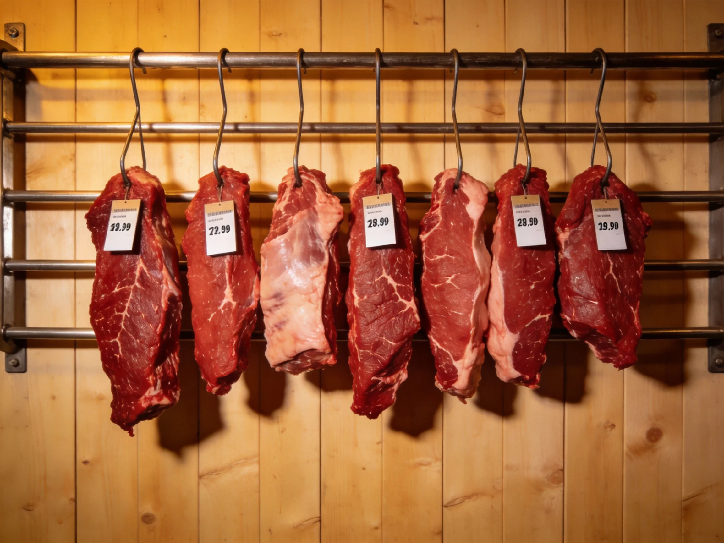 Six cuts of marbled red beef hang from metal hooks against wooden planks