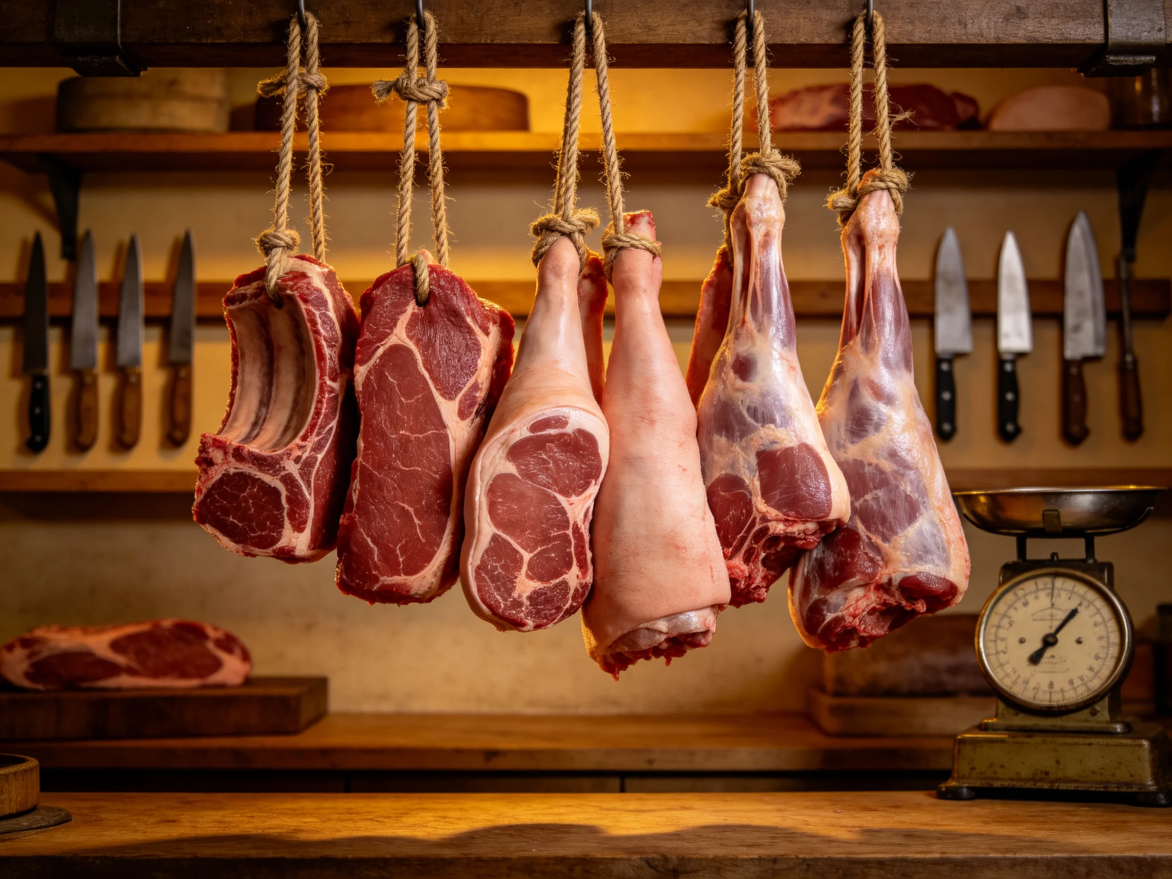 Six cuts of raw meat hang from ropes near knives and an old scale