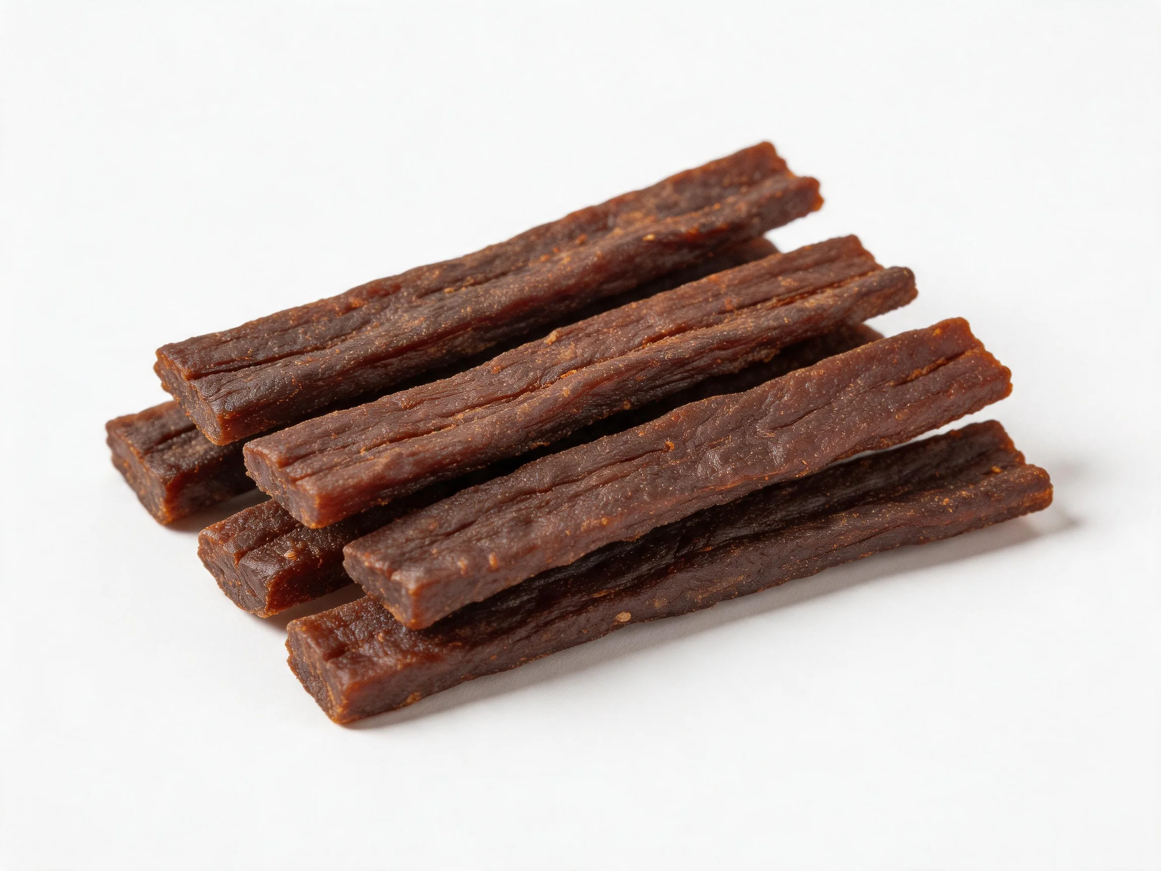 Six dark brown beef jerky strips arranged on a white surface