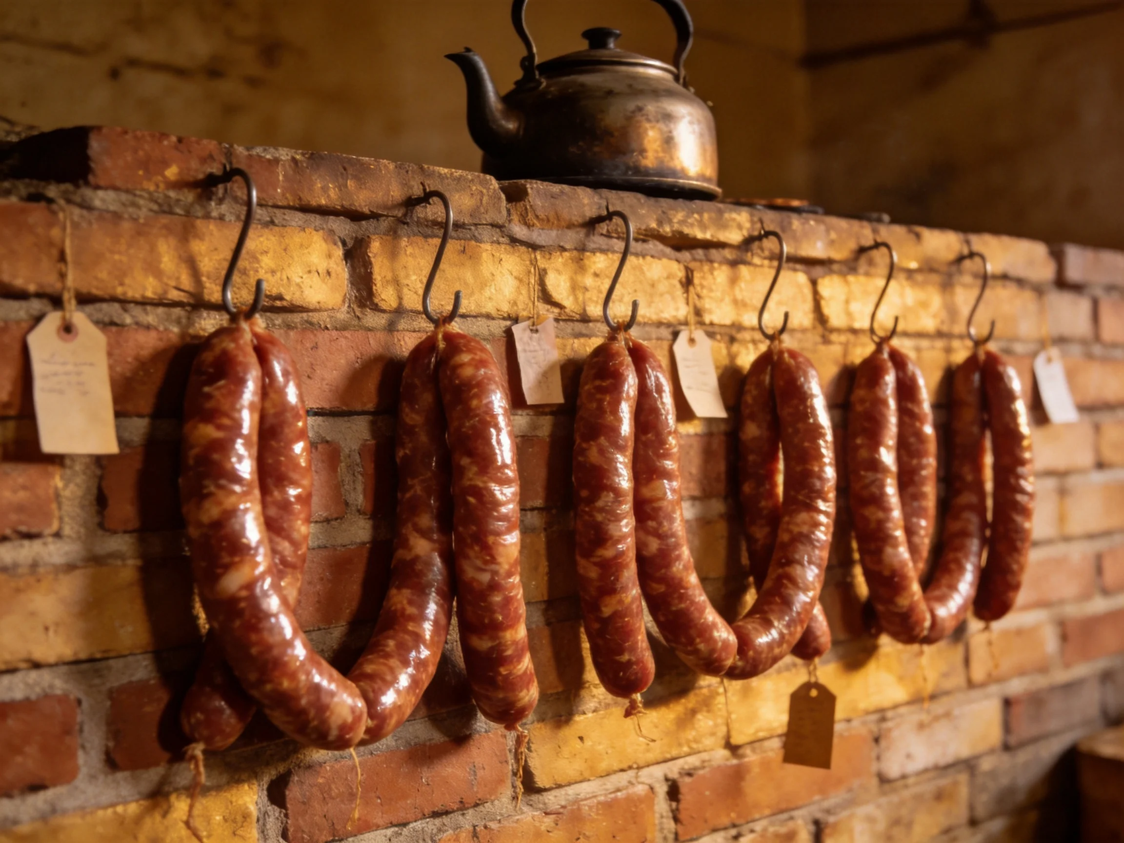 Six glossy brown sausages hang from hooks on a weathered brick wall with a metal kettle