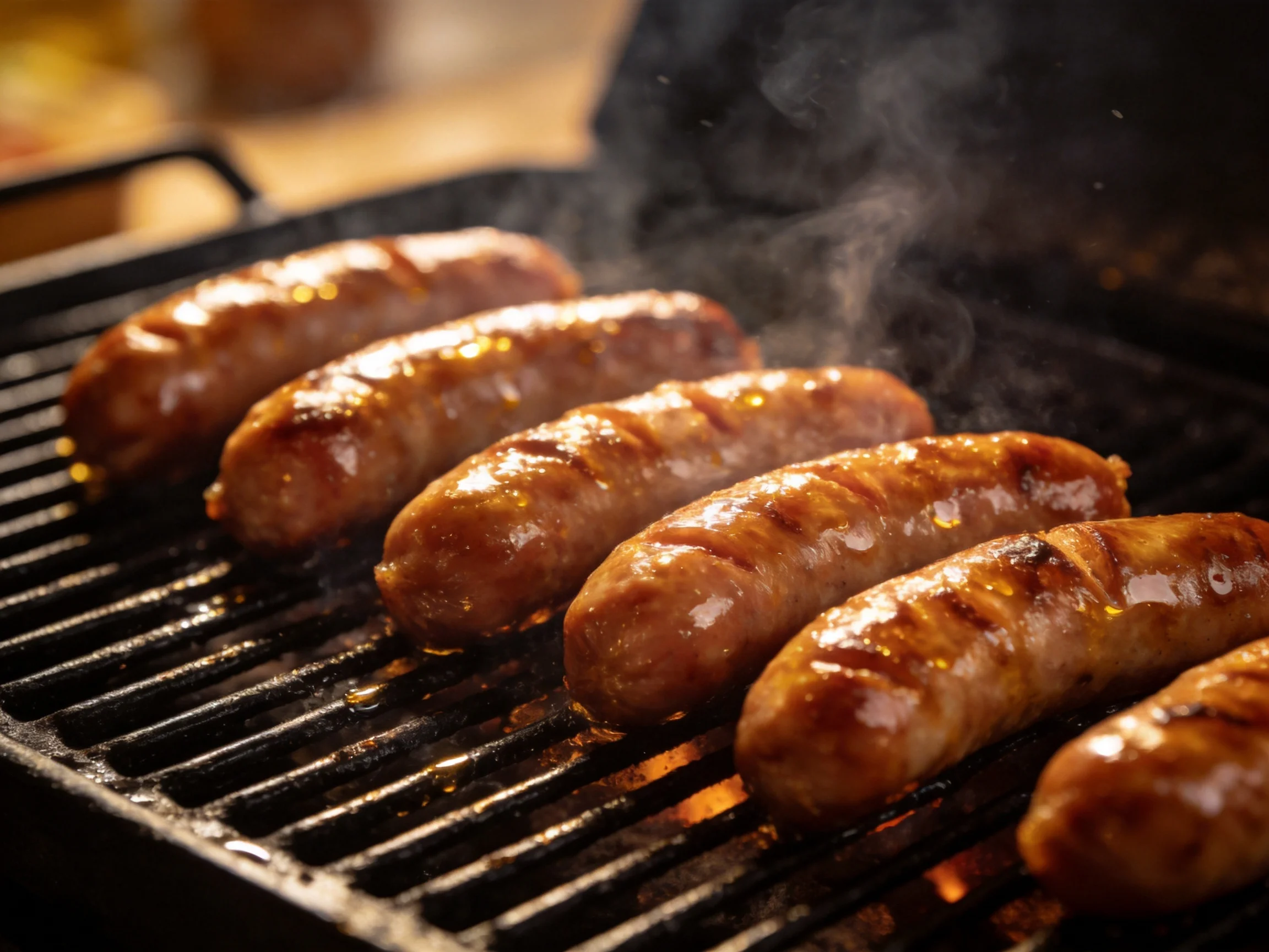 Six glossy brown sausages sizzle on a black grill with rising steam