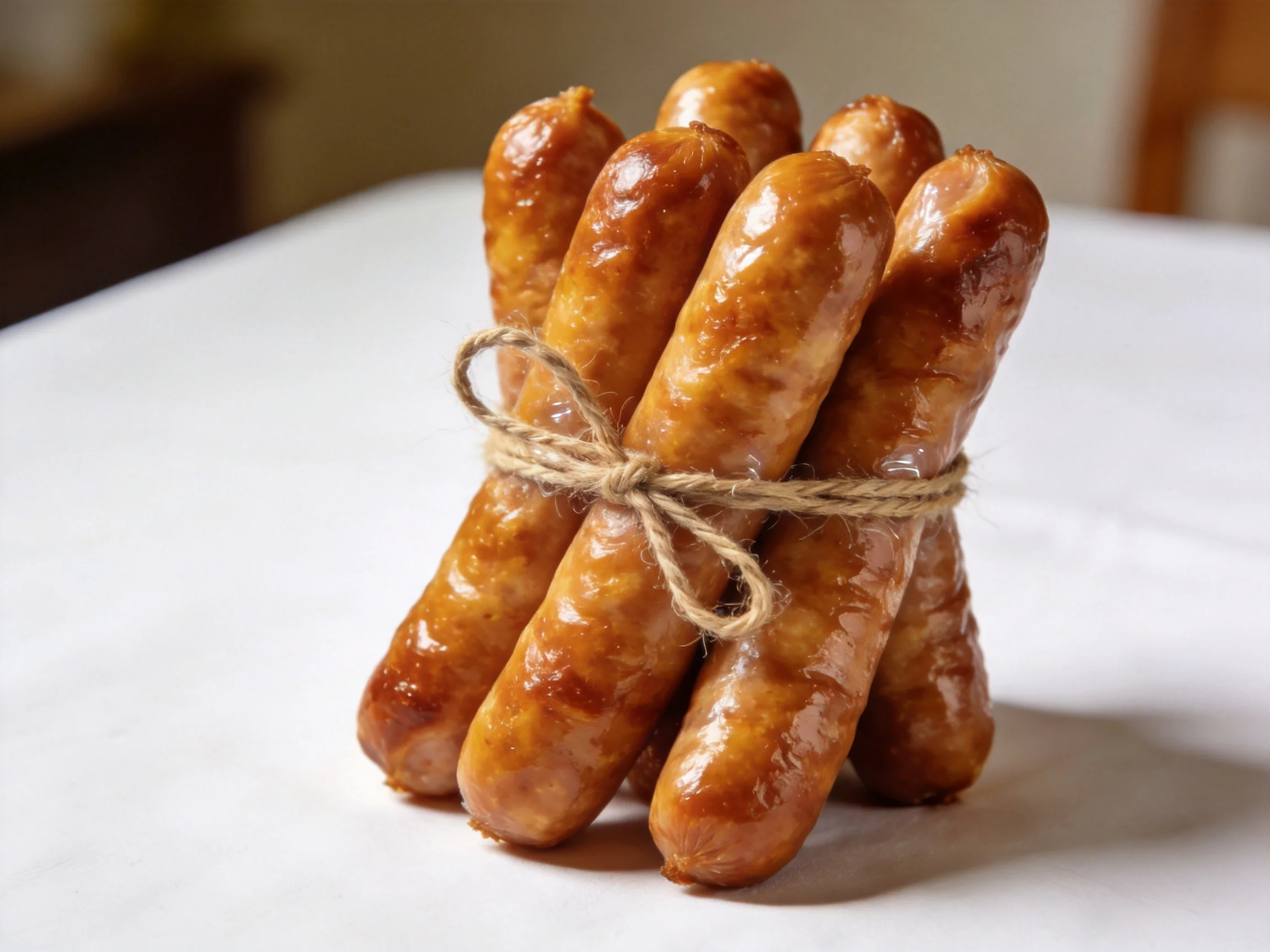 Six glossy brown sausages tied with twine on a white surface