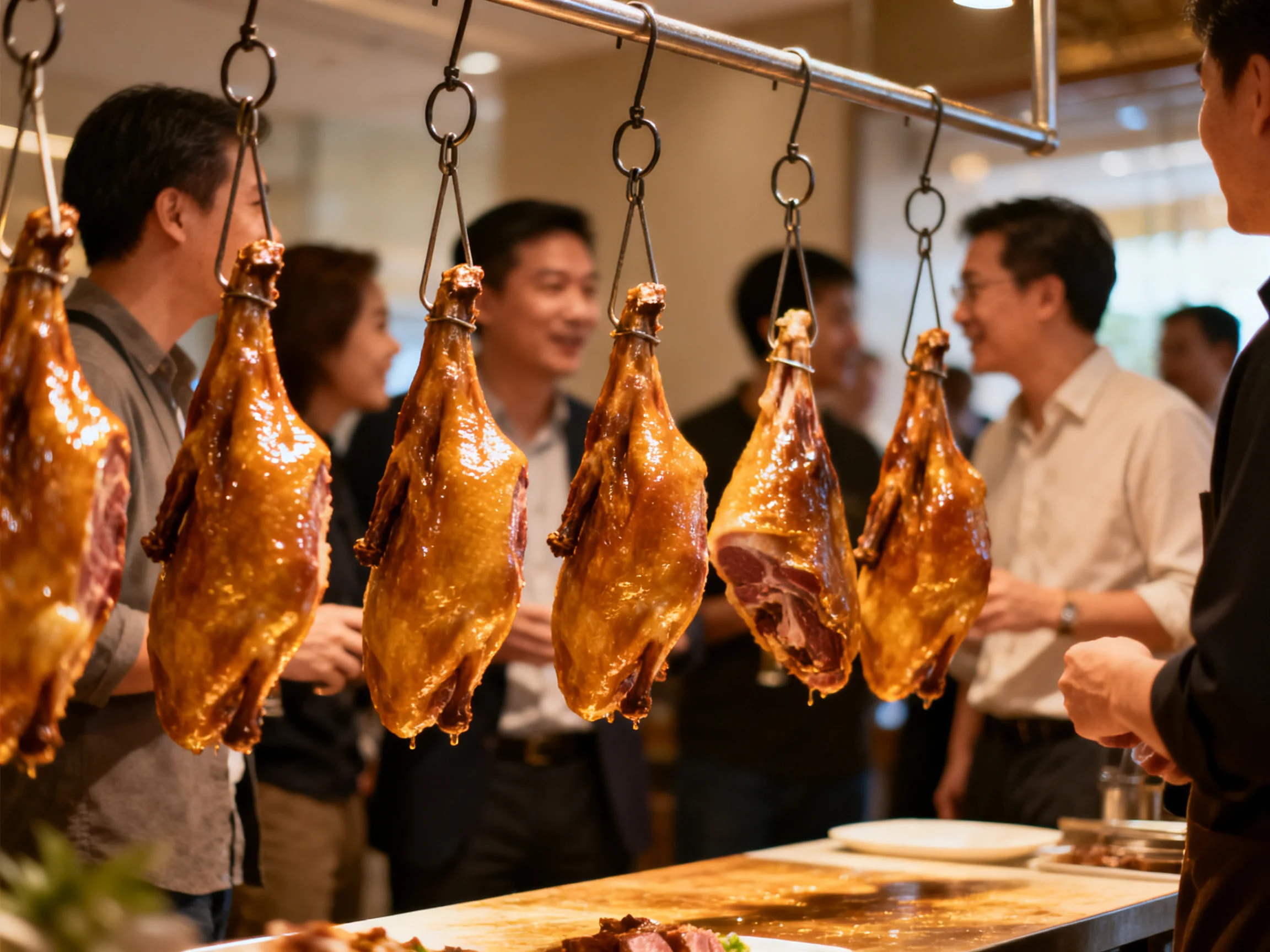 Six glossy roasted birds hang from metal hooks near socializing people