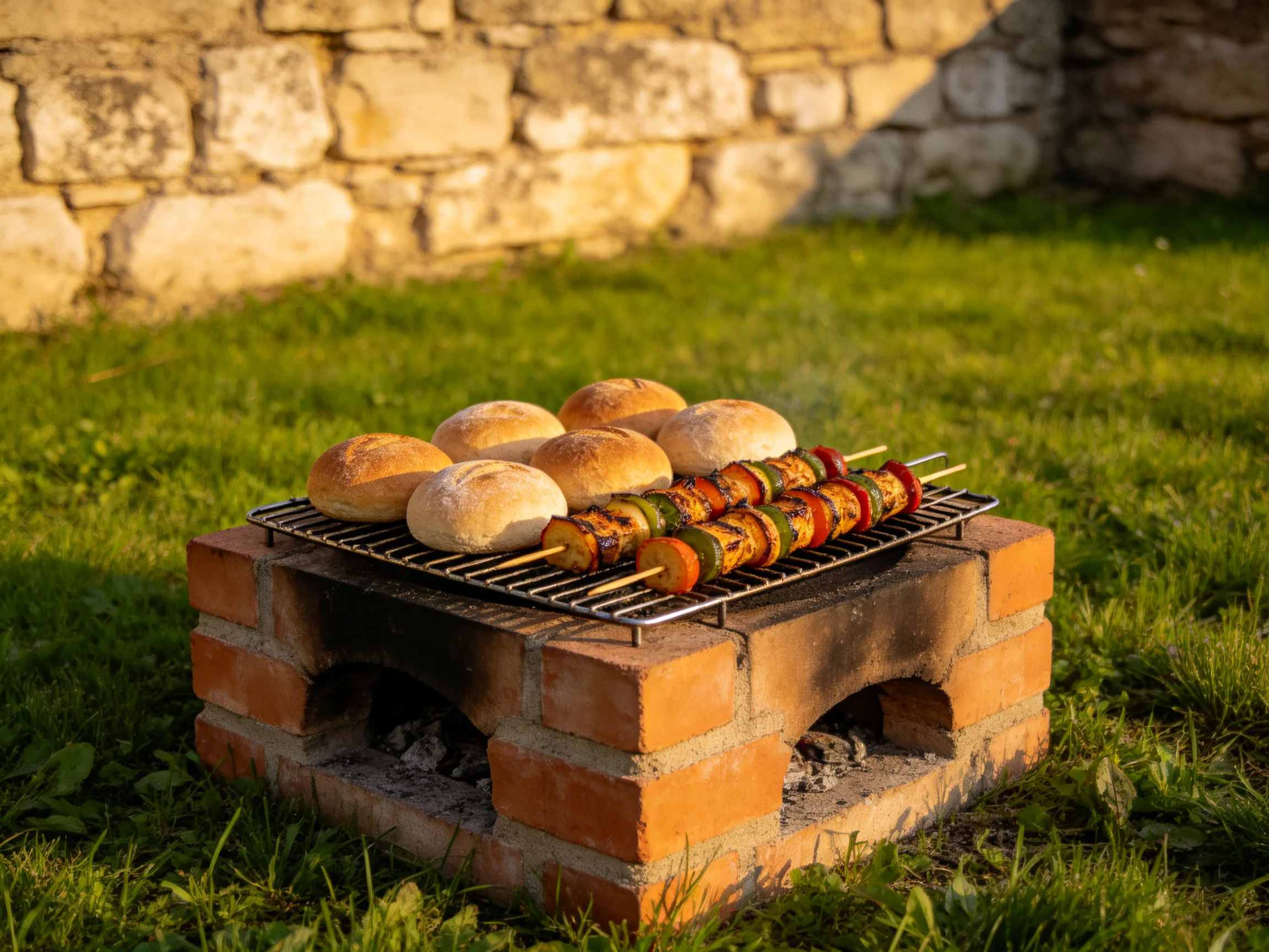 Six golden-brown buns and vegetable kebabs on a brick outdoor grill