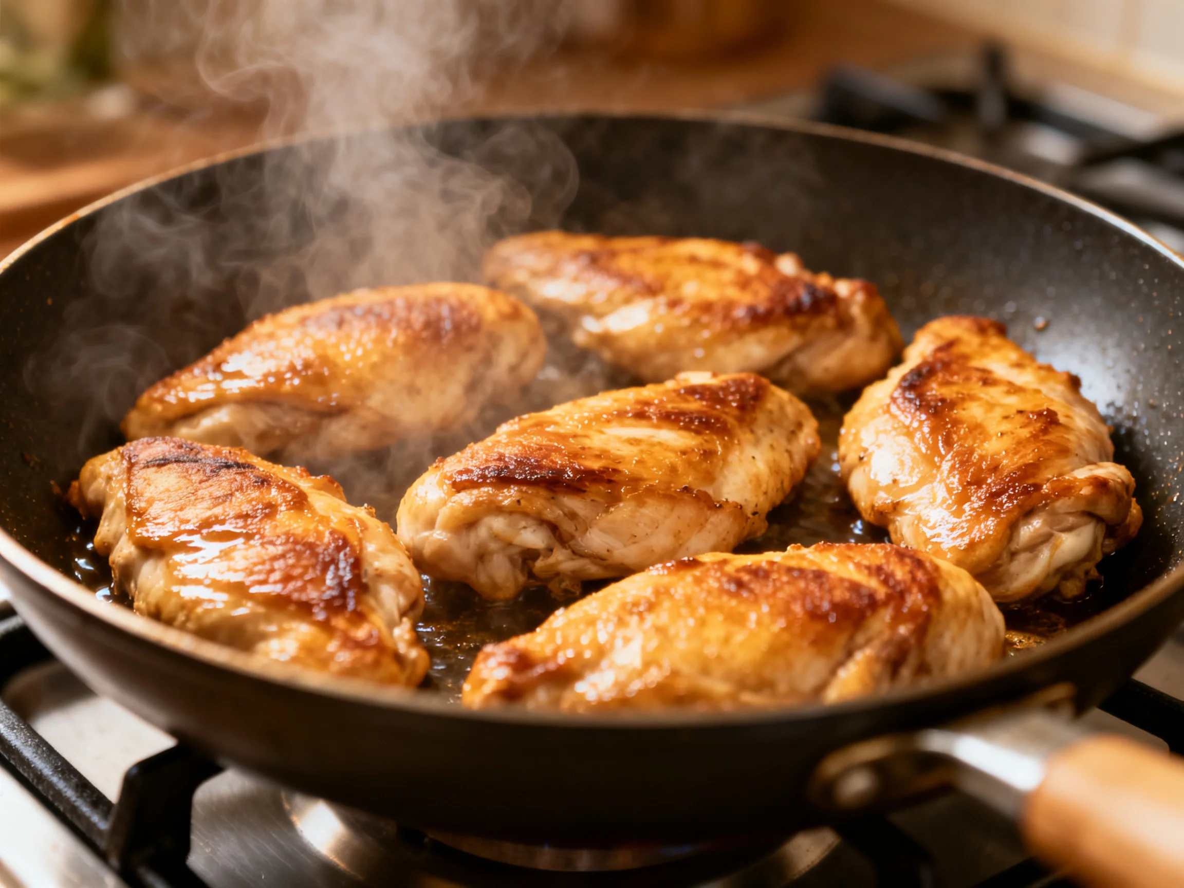 Six golden-brown chicken thighs sizzling in a black skillet