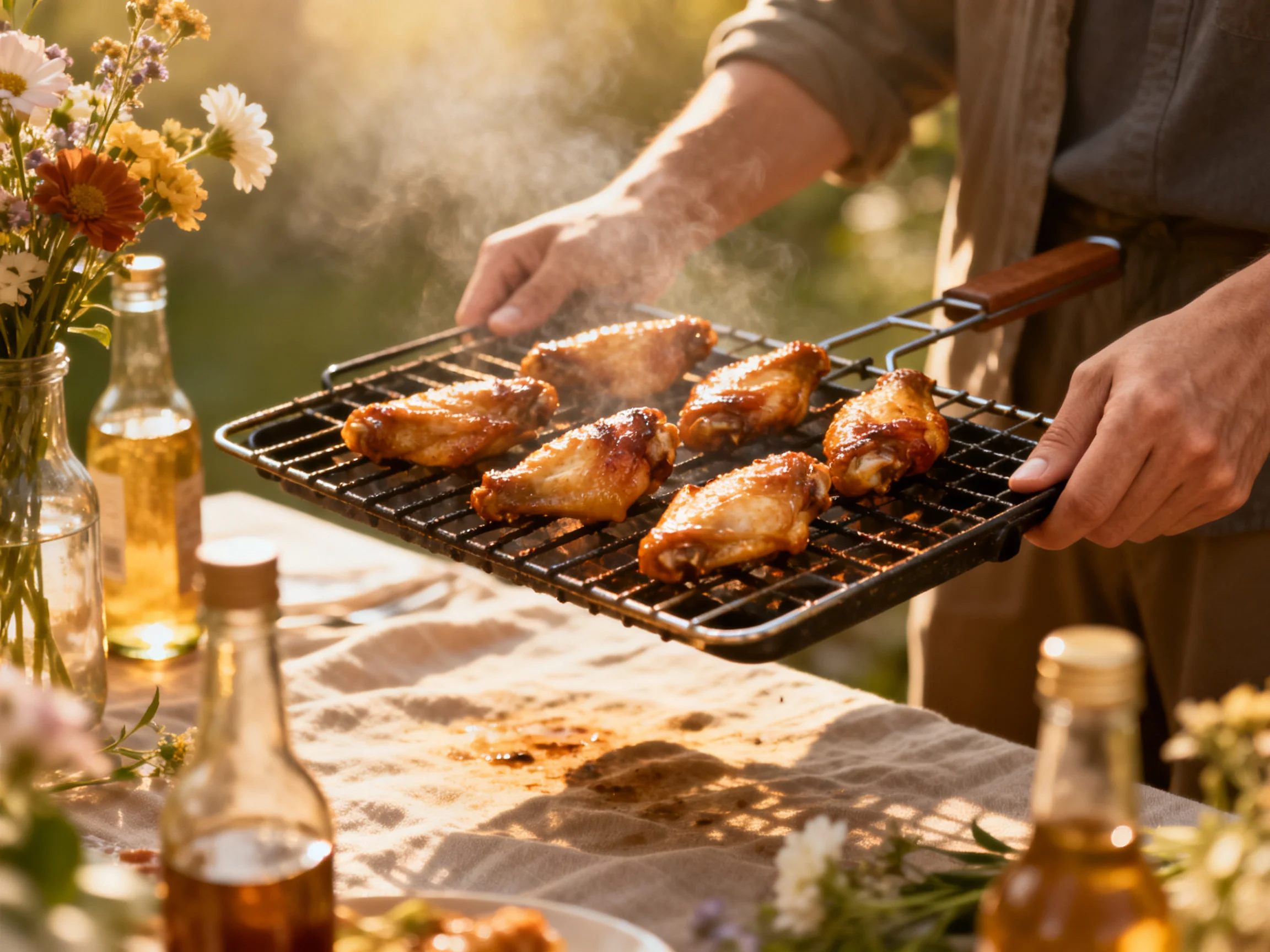 Six golden-brown chicken wings grilling on an outdoor barbecue tray