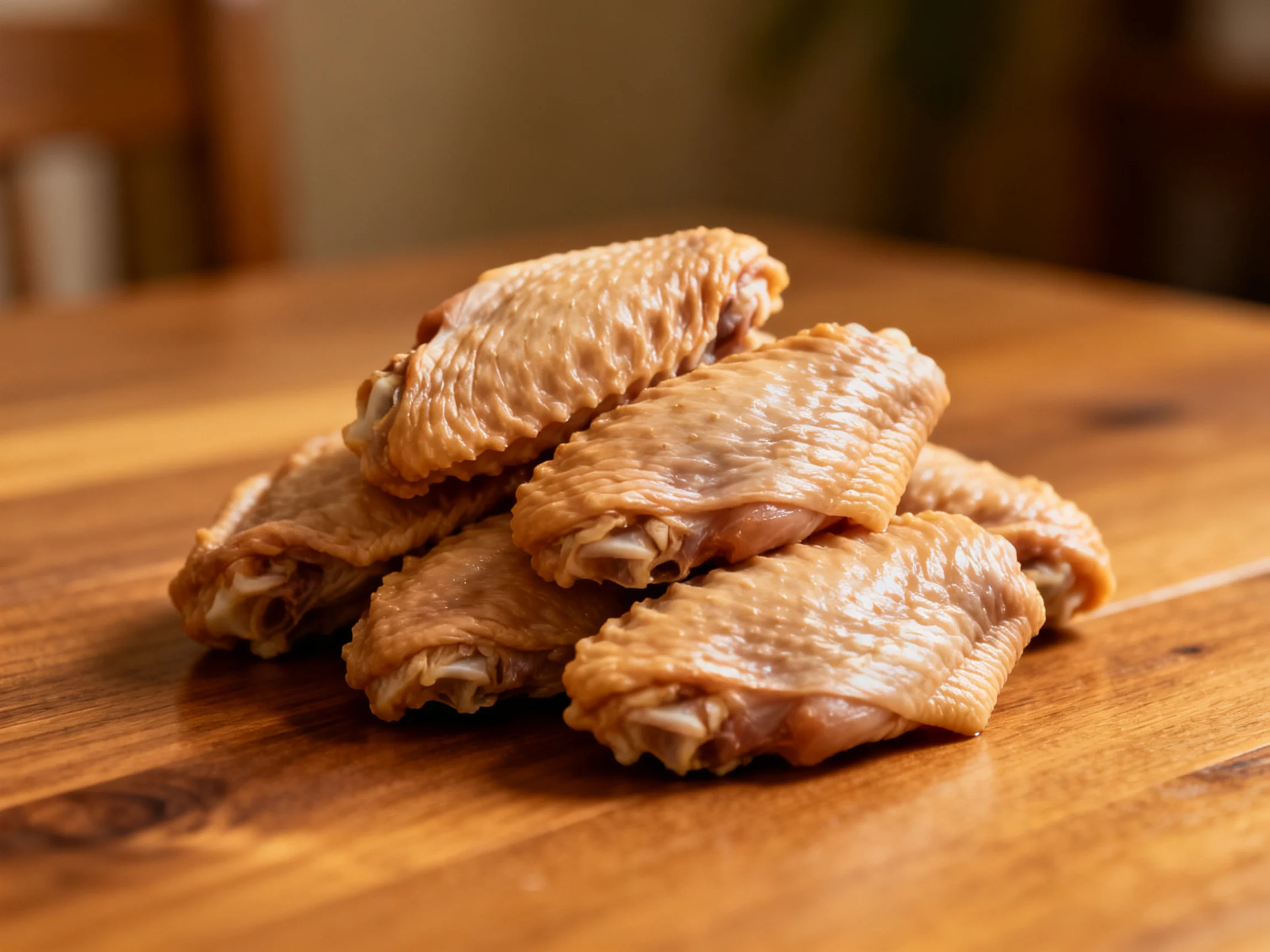 Six golden-brown chicken wings stacked on a polished wooden table