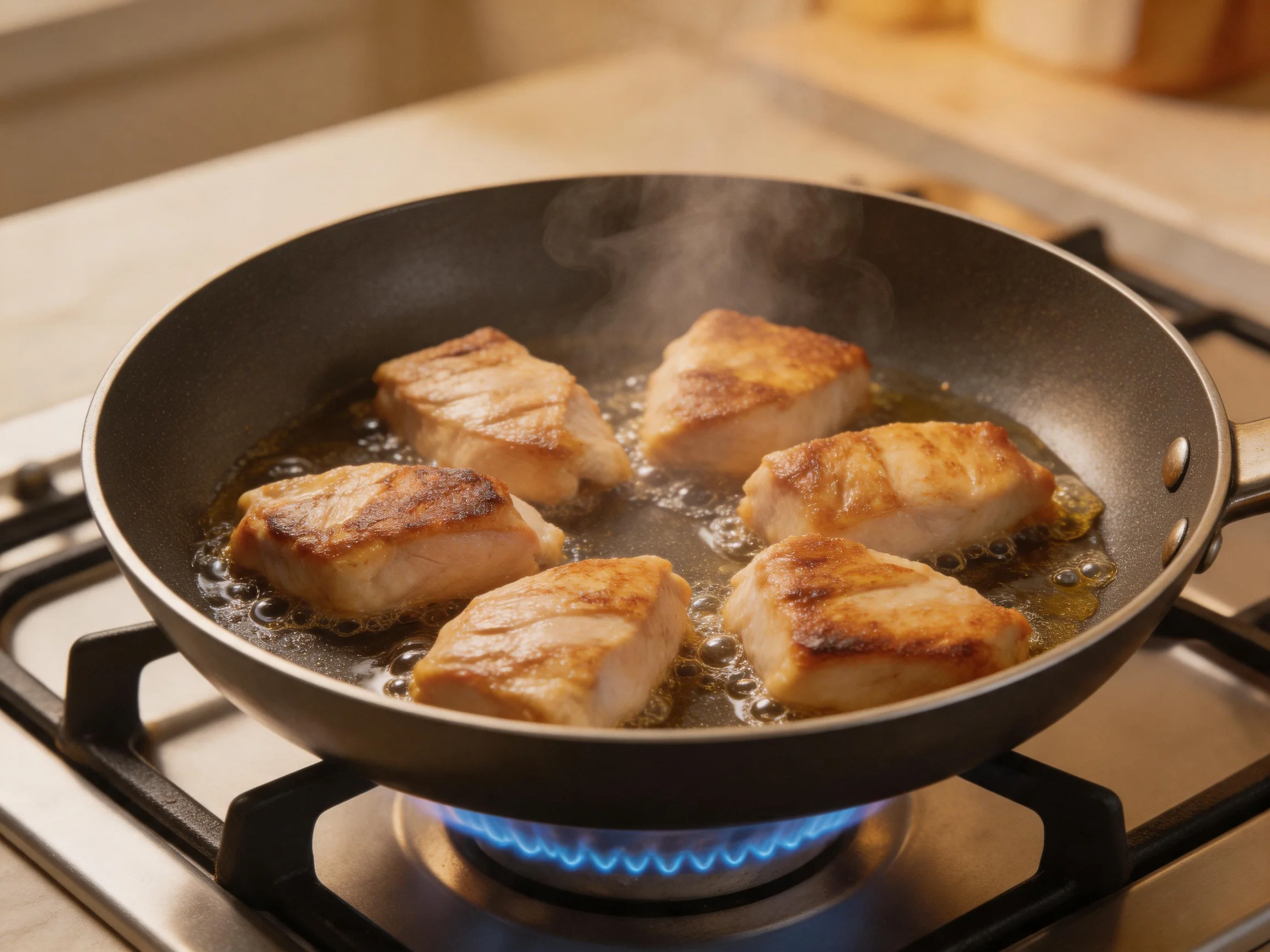 Six golden-brown fish fillets sizzling in a black frying pan