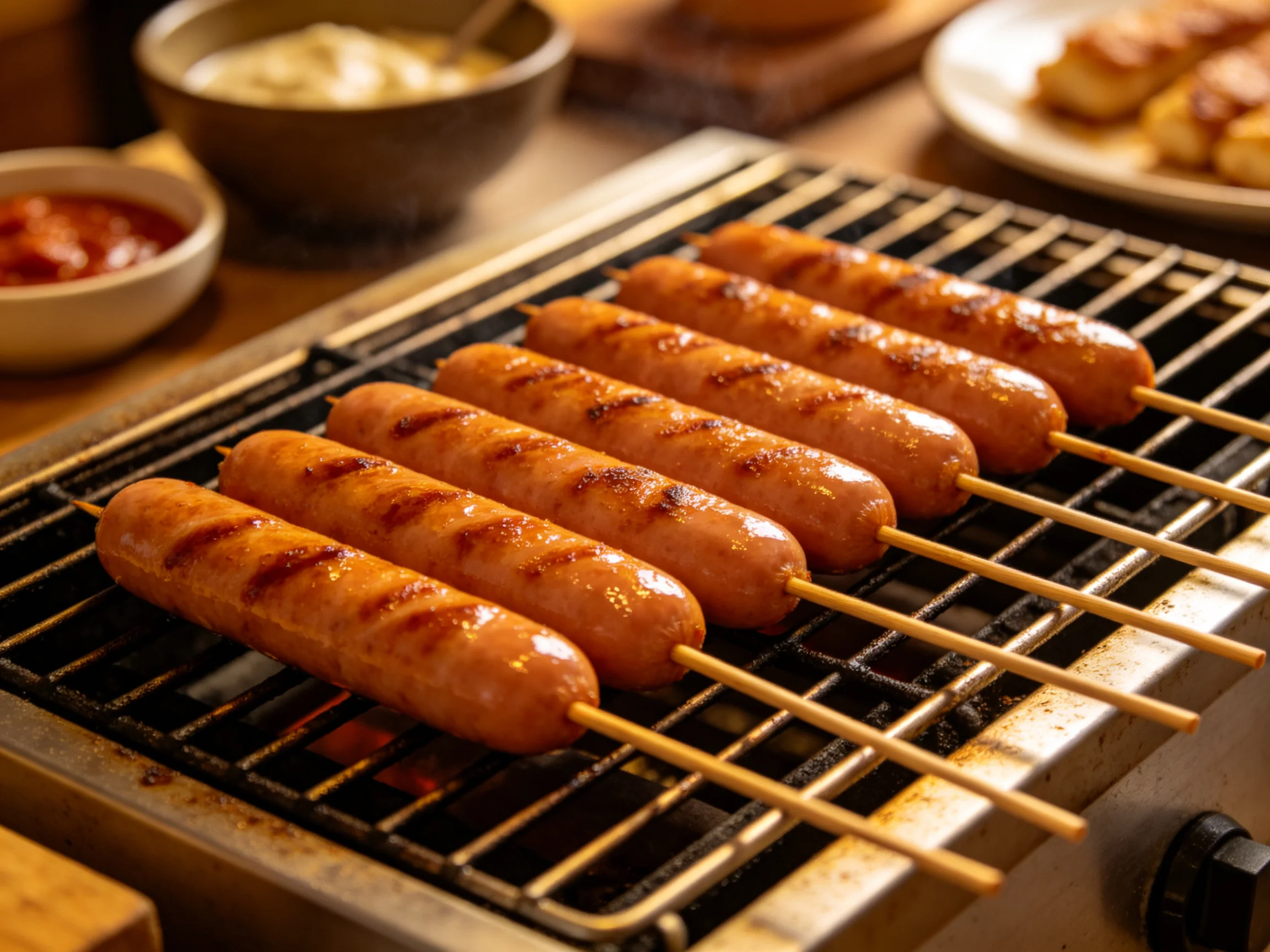 Six golden-brown grilled sausages on wooden skewers over a metal grill