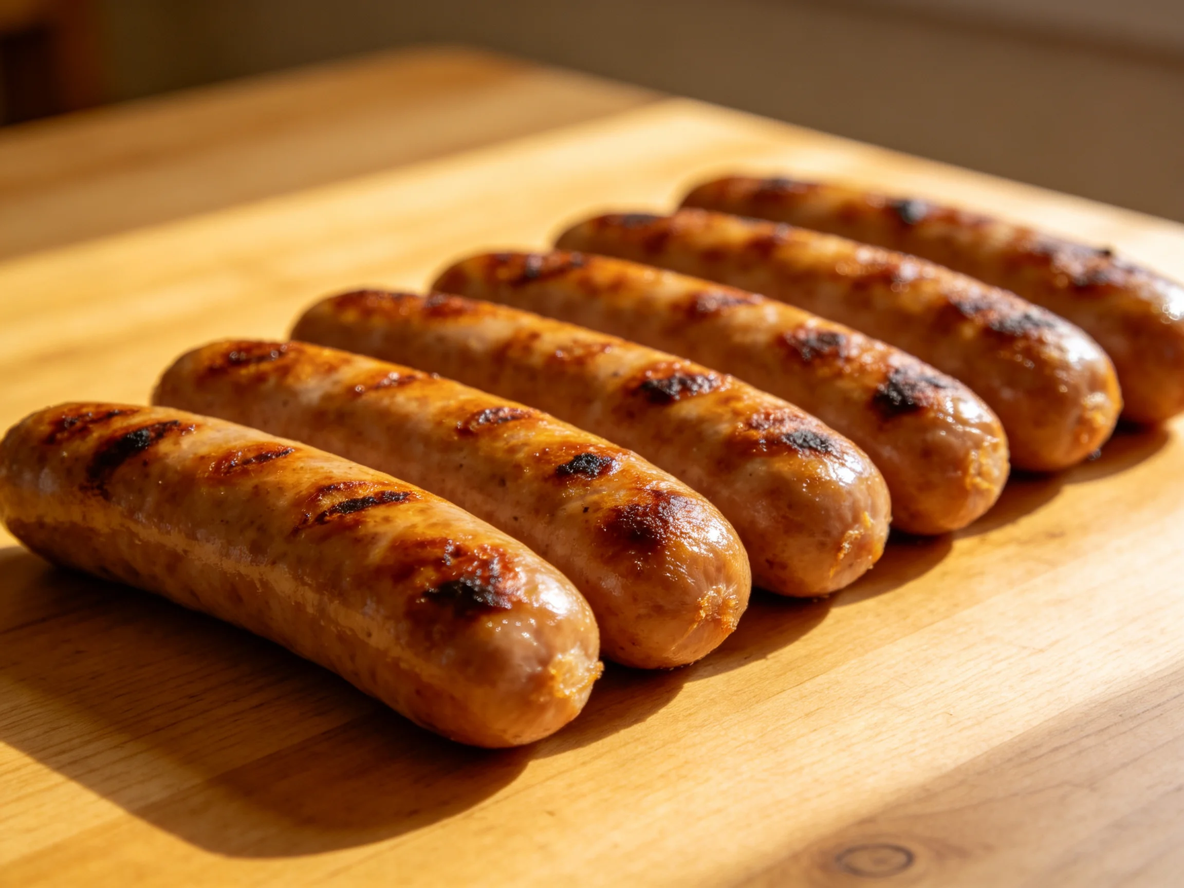 Six golden-brown grilled sausages with char marks on a wooden board