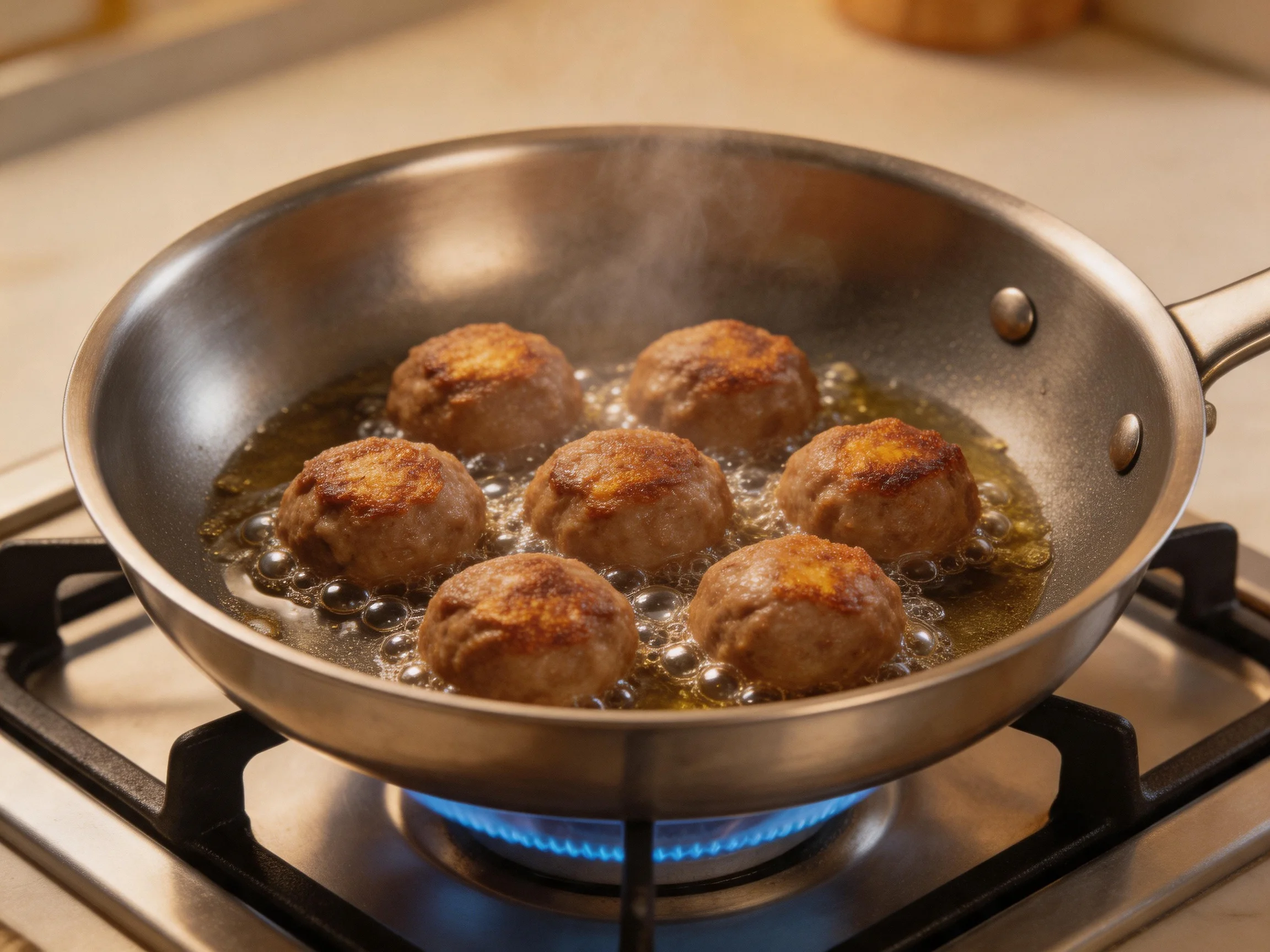 Six golden-brown meatballs frying in a stainless steel pan over a blue flame