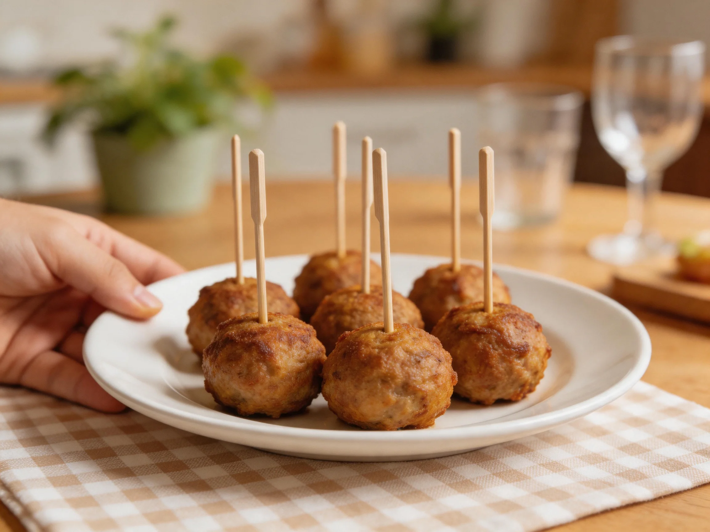 Six golden-brown meatballs with toothpicks on a white plate