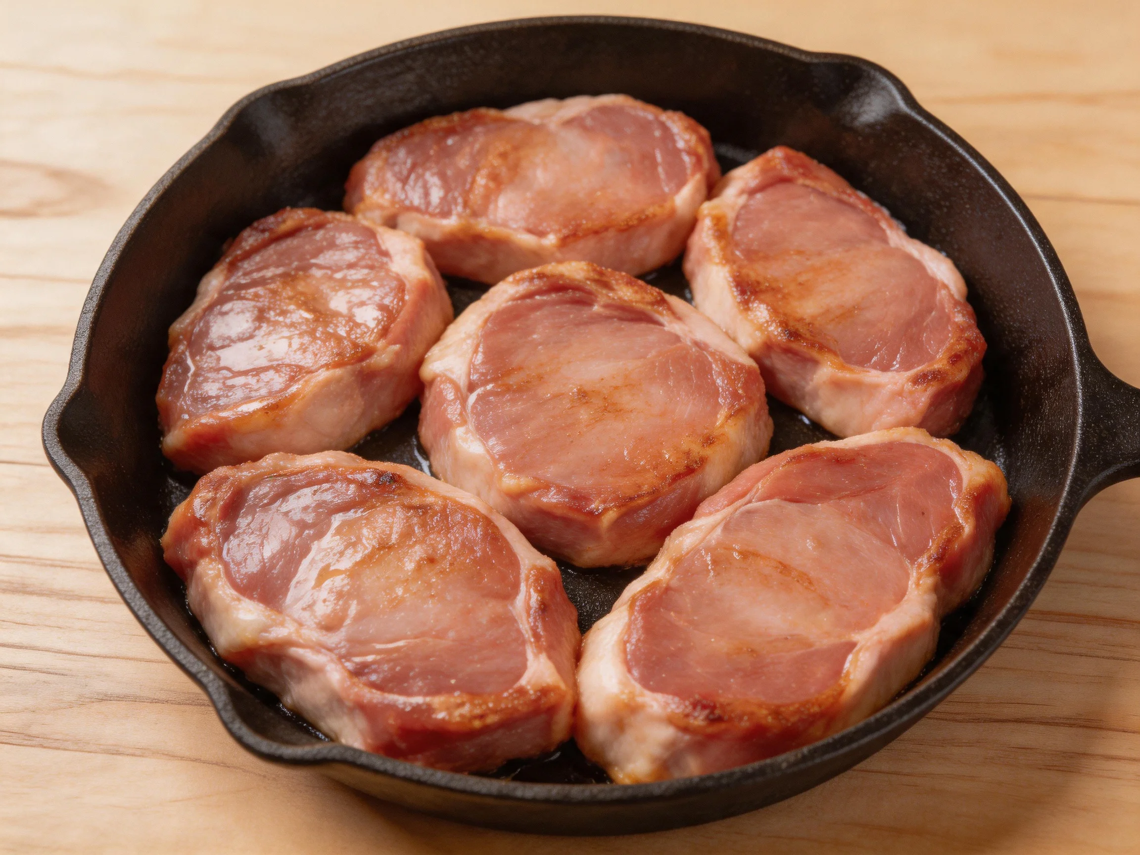 Six golden-brown pork chops cooking in a black cast iron skillet