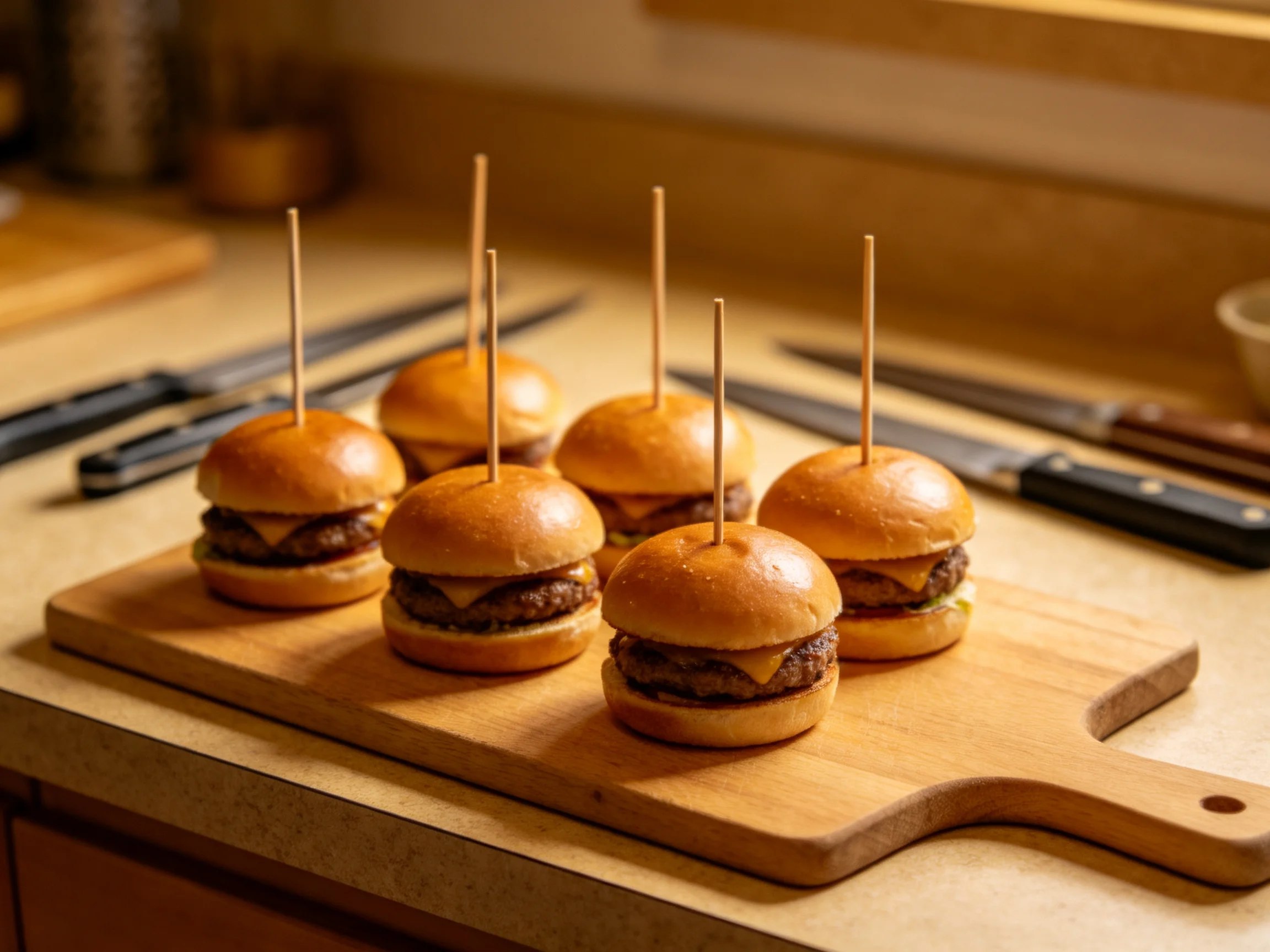 Six golden-brown sliders with toothpicks on a wooden cutting board
