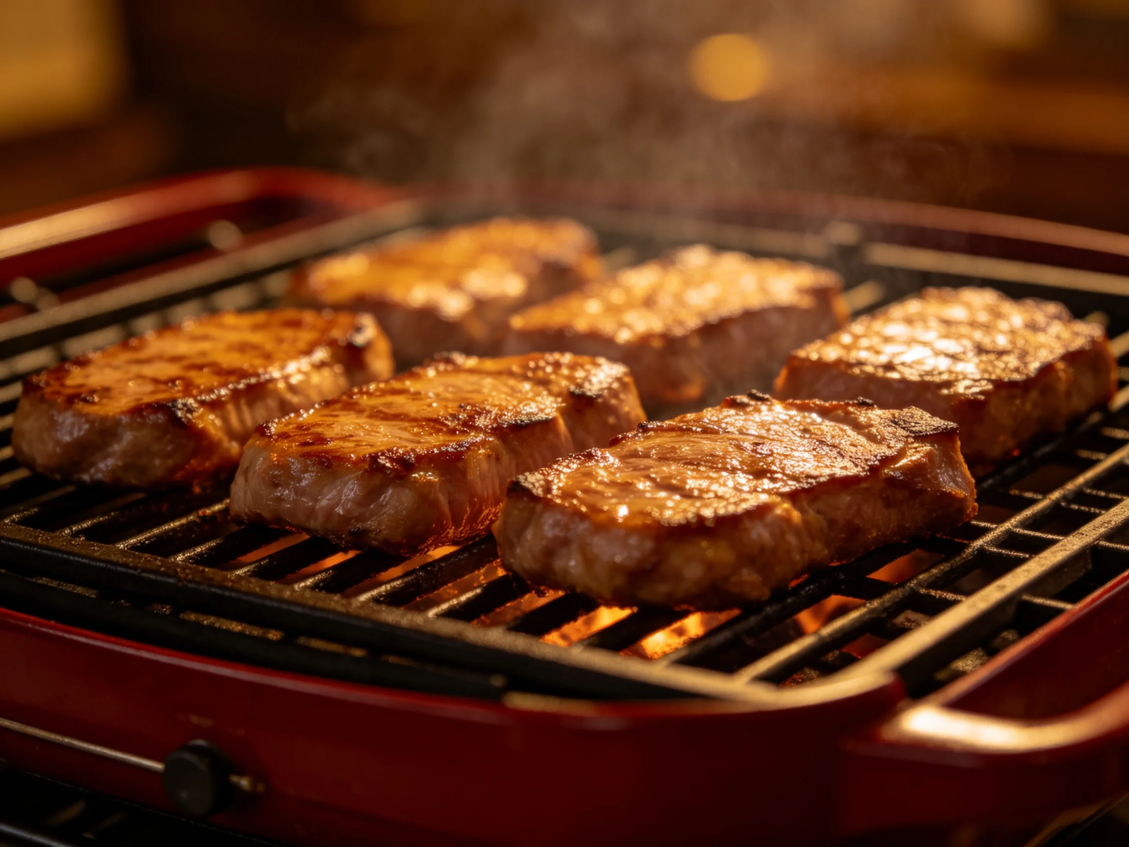 Six golden-brown steaks sizzling on a red electric grill