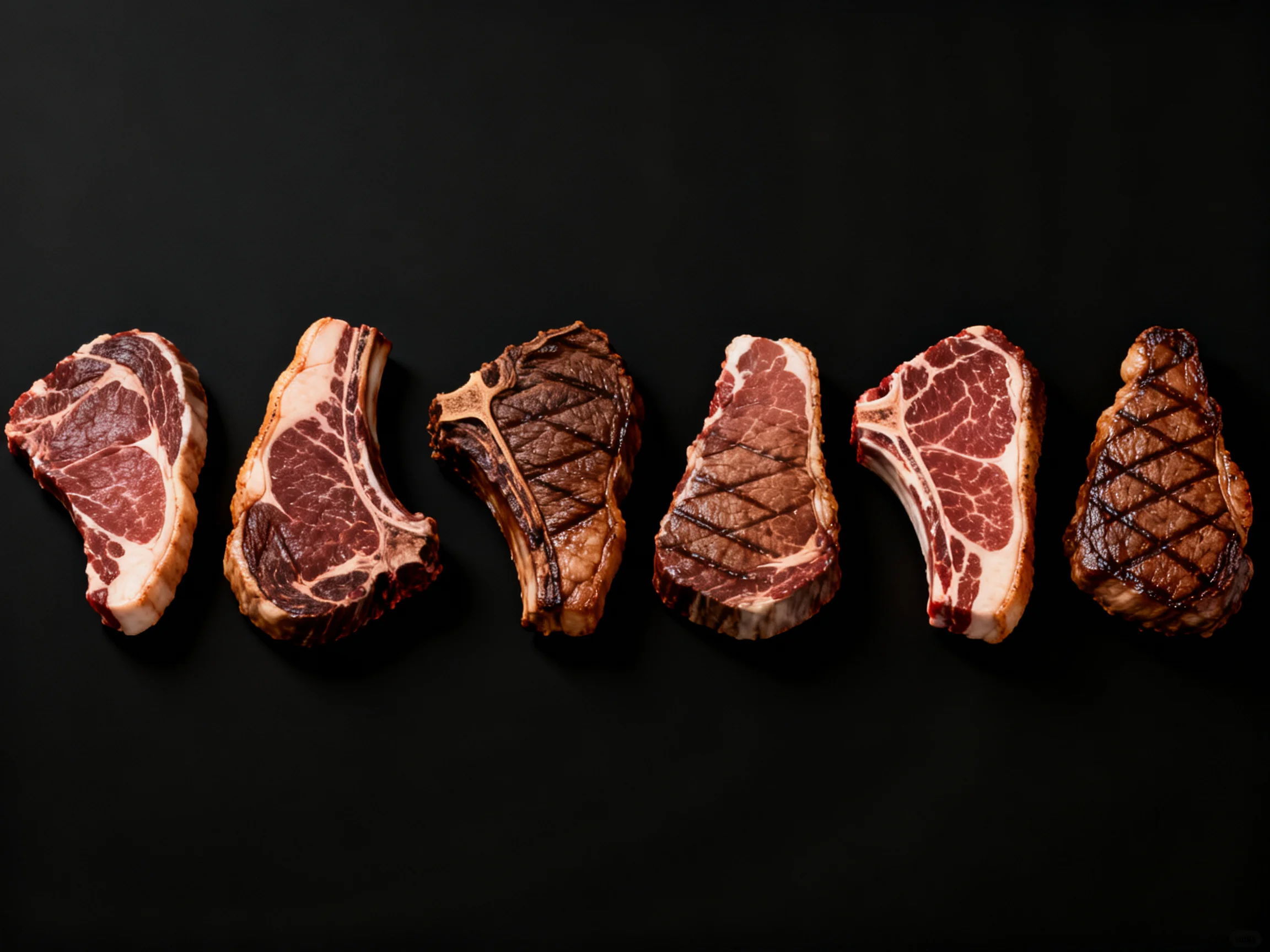 Six grilled beef steaks with varied cuts and grill marks on a black backdrop