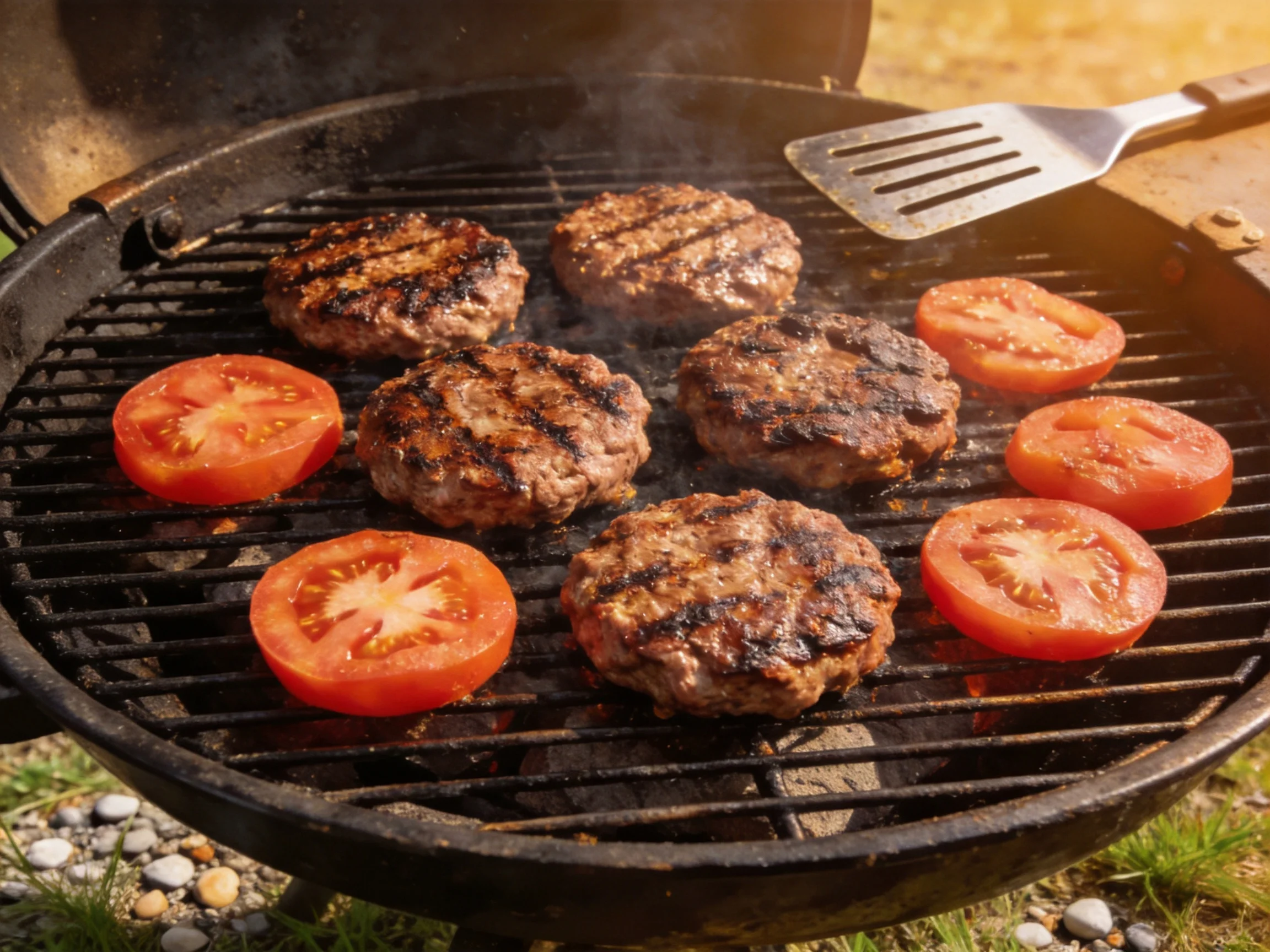 Six grilled burger patties and five tomato slices on an open charcoal grill