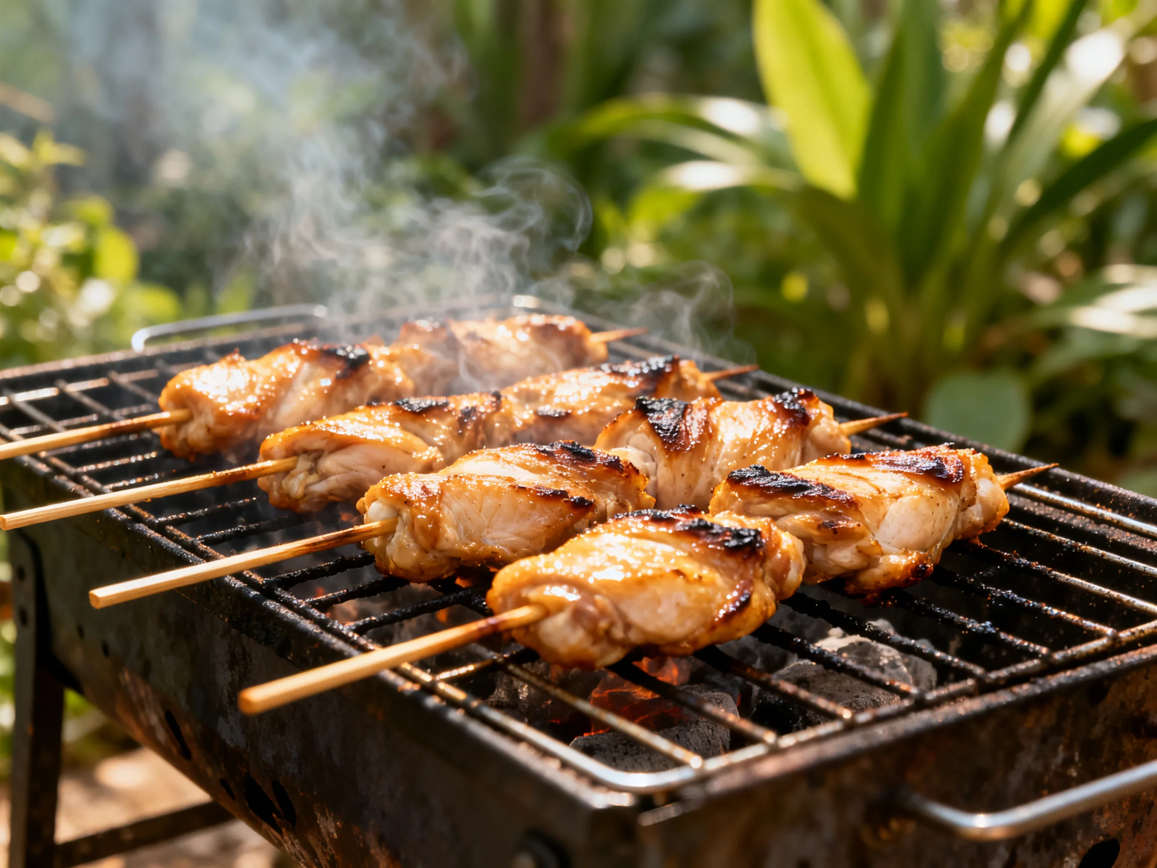Six grilled chicken skewers cook over charcoal outdoors