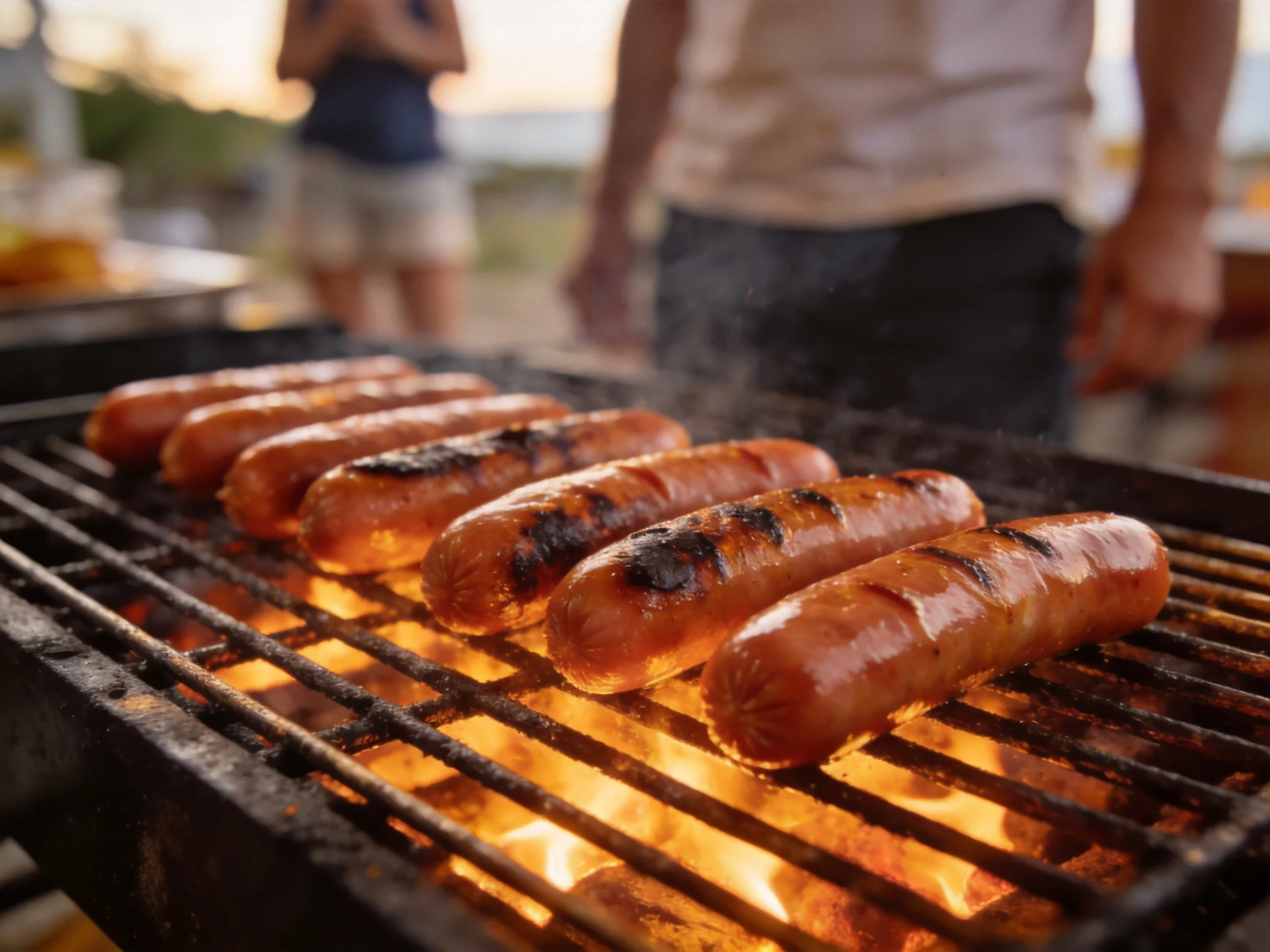 Six grilled sausages sizzle over bright flames at an outdoor gathering