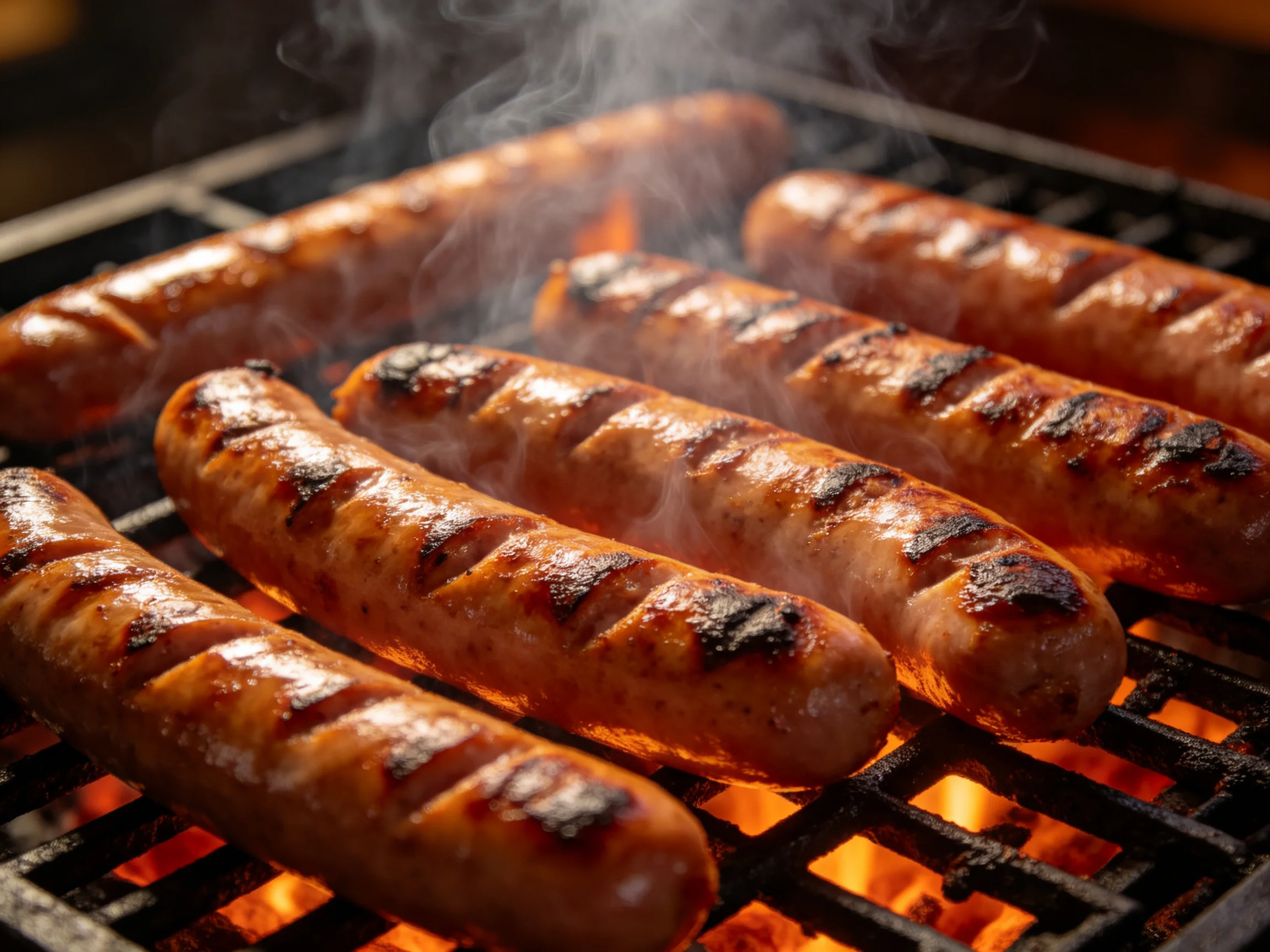 Six grilled sausages sizzle over glowing embers