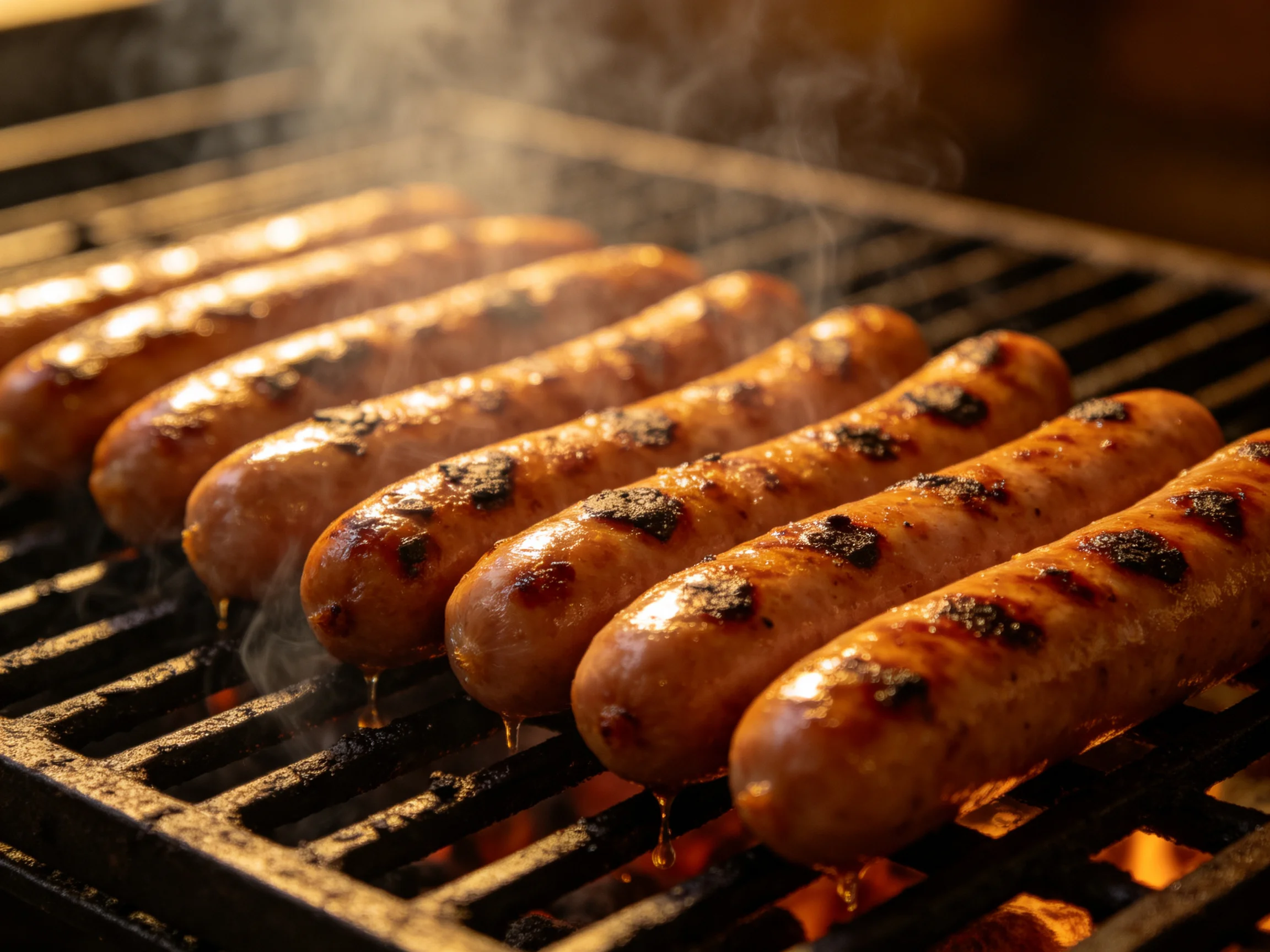 Six grilled sausages with char marks on a barbecue