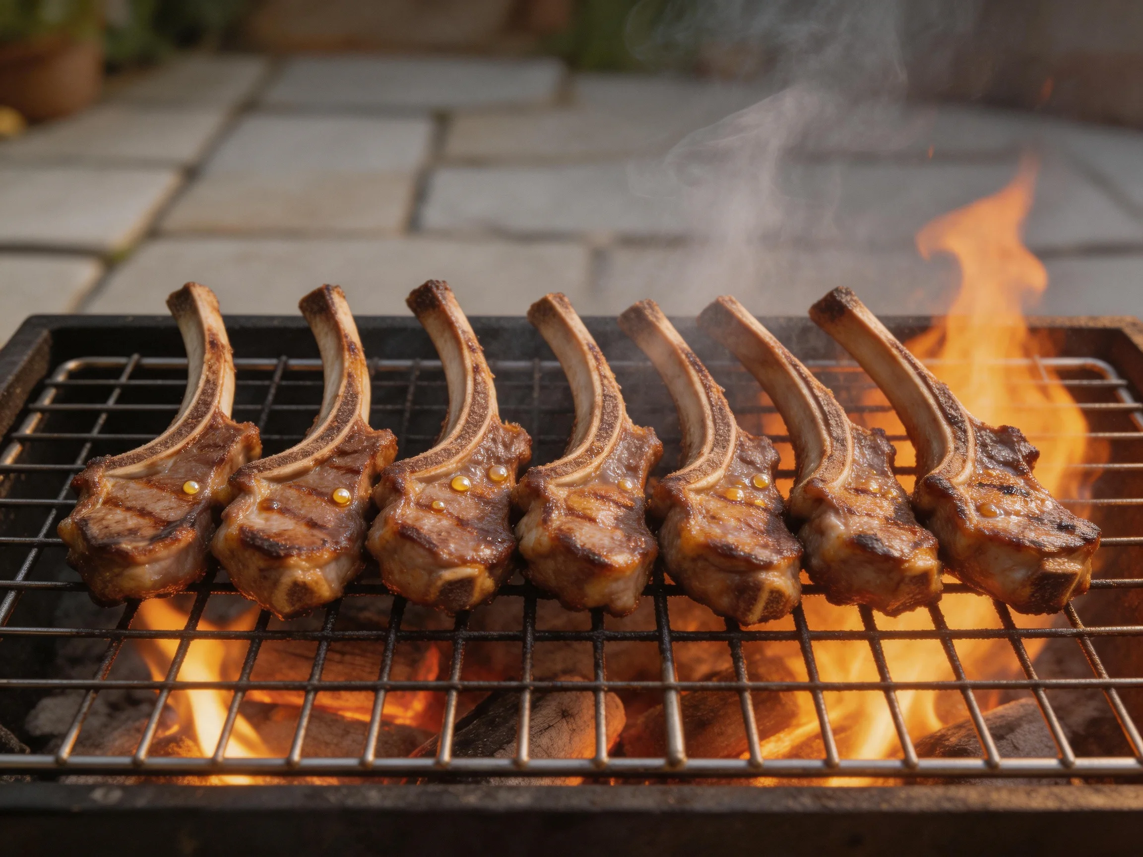 Six lamb chops grilling over bright flames on an outdoor metal rack