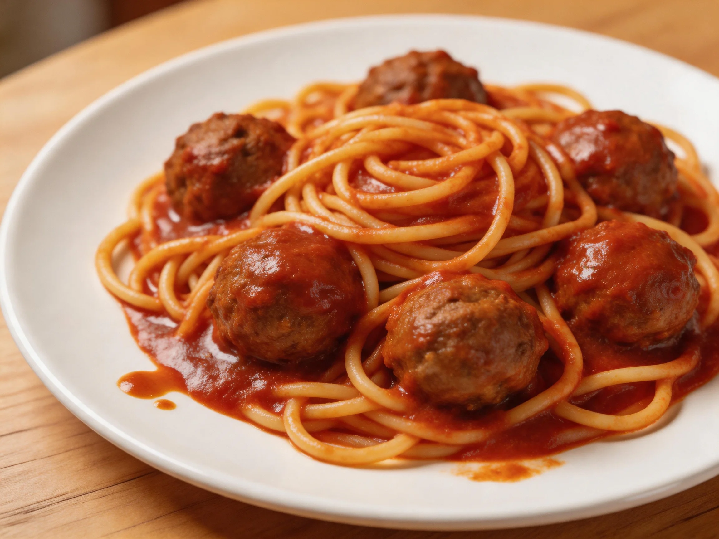 Six meatballs served over spaghetti with rich red sauce