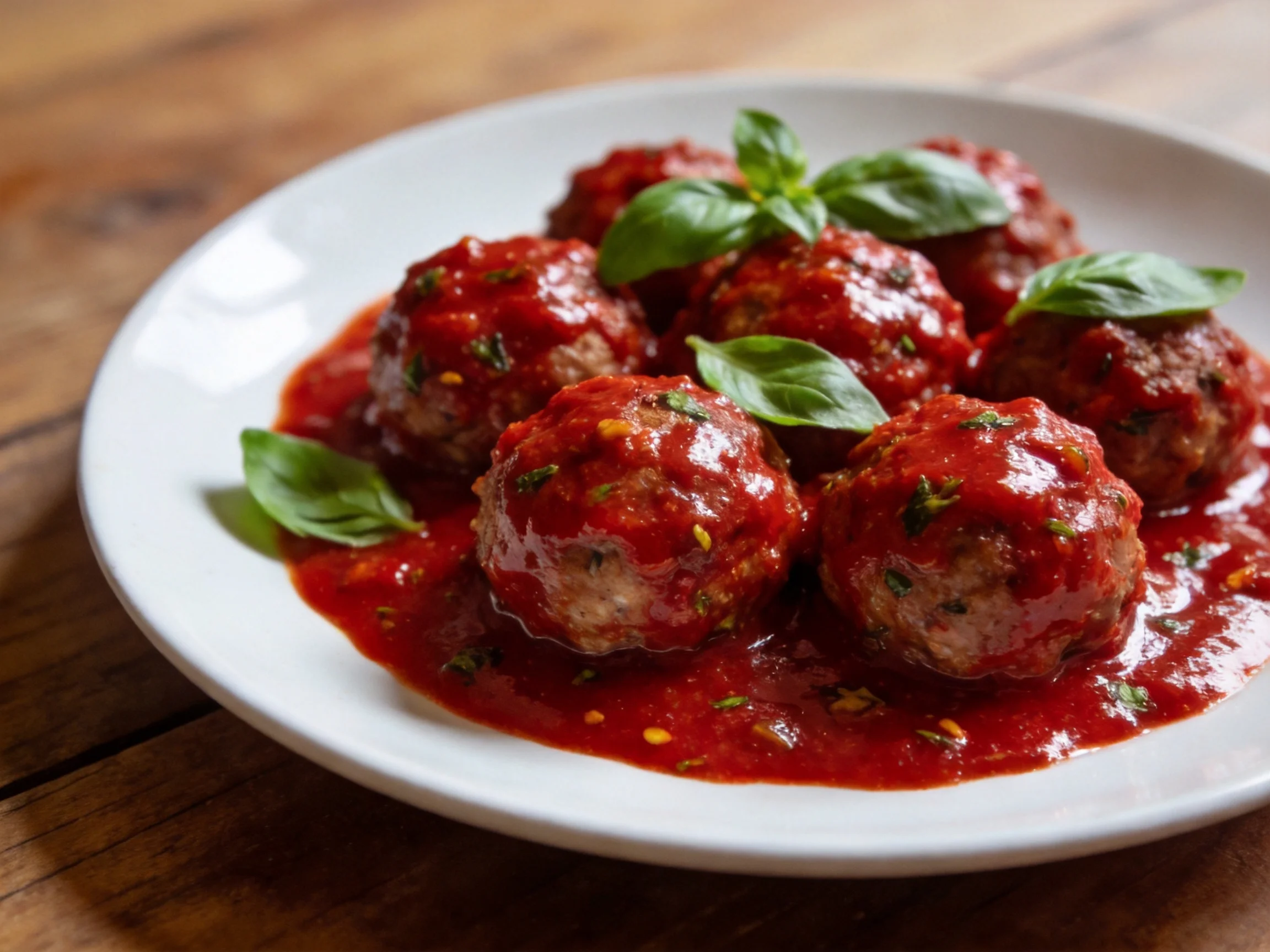 Six meatballs smothered in vibrant red sauce with fresh basil