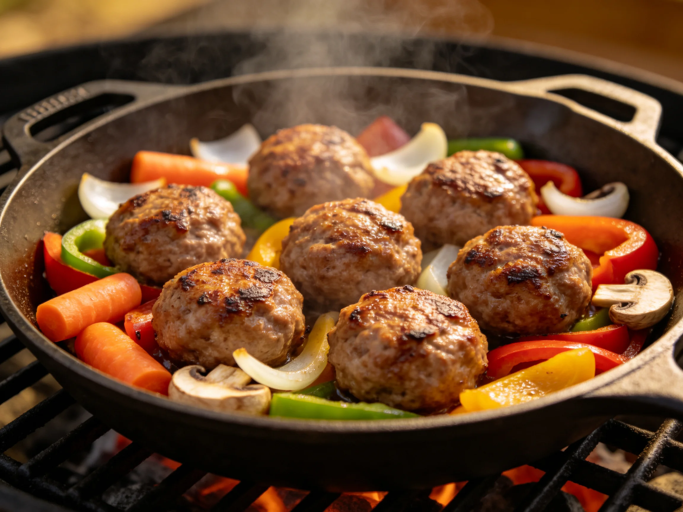 Six meatballs with colorful vegetables in a cast iron skillet