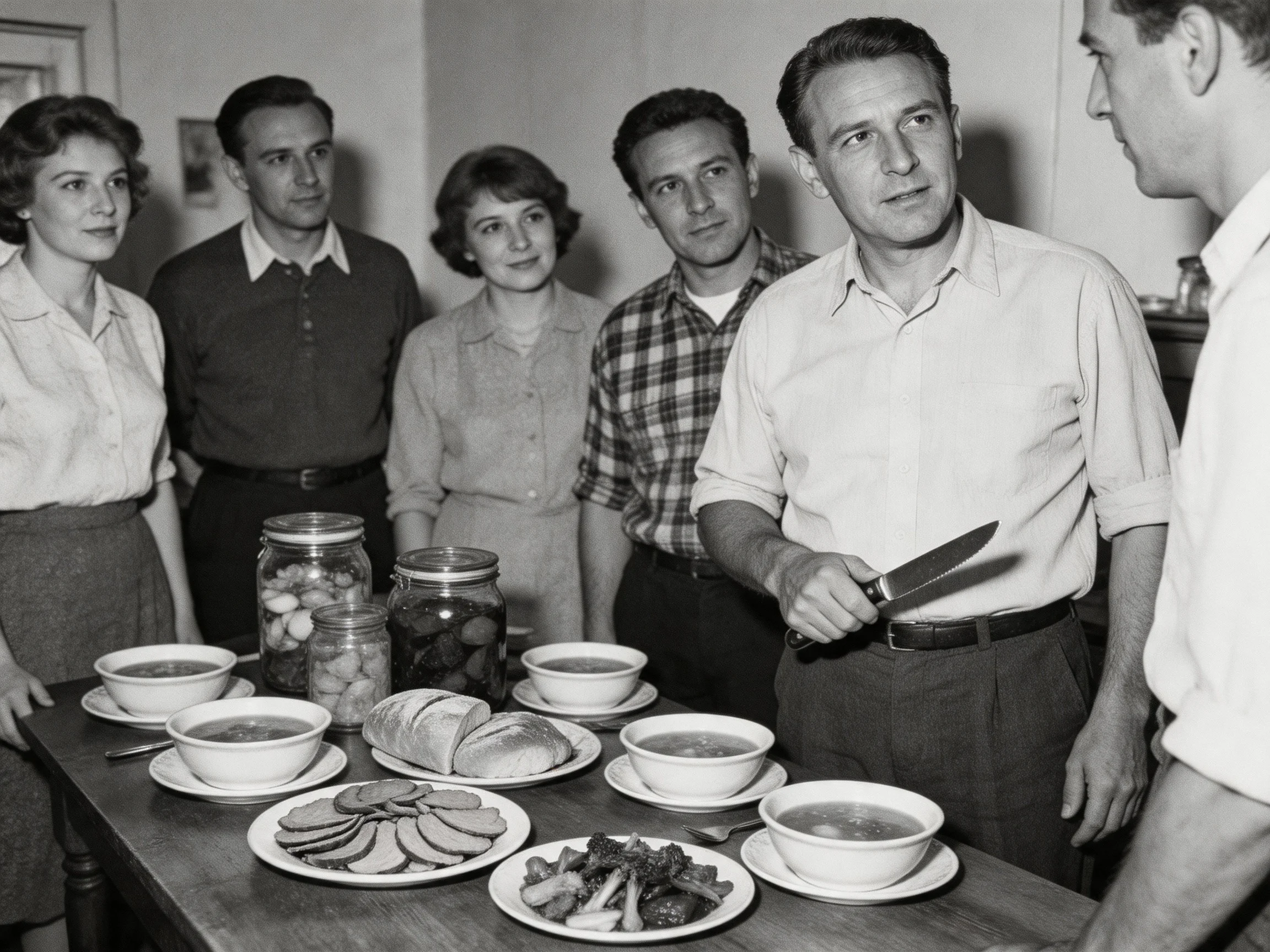 Six people gather around a table with bowls, jars, and assorted foods
