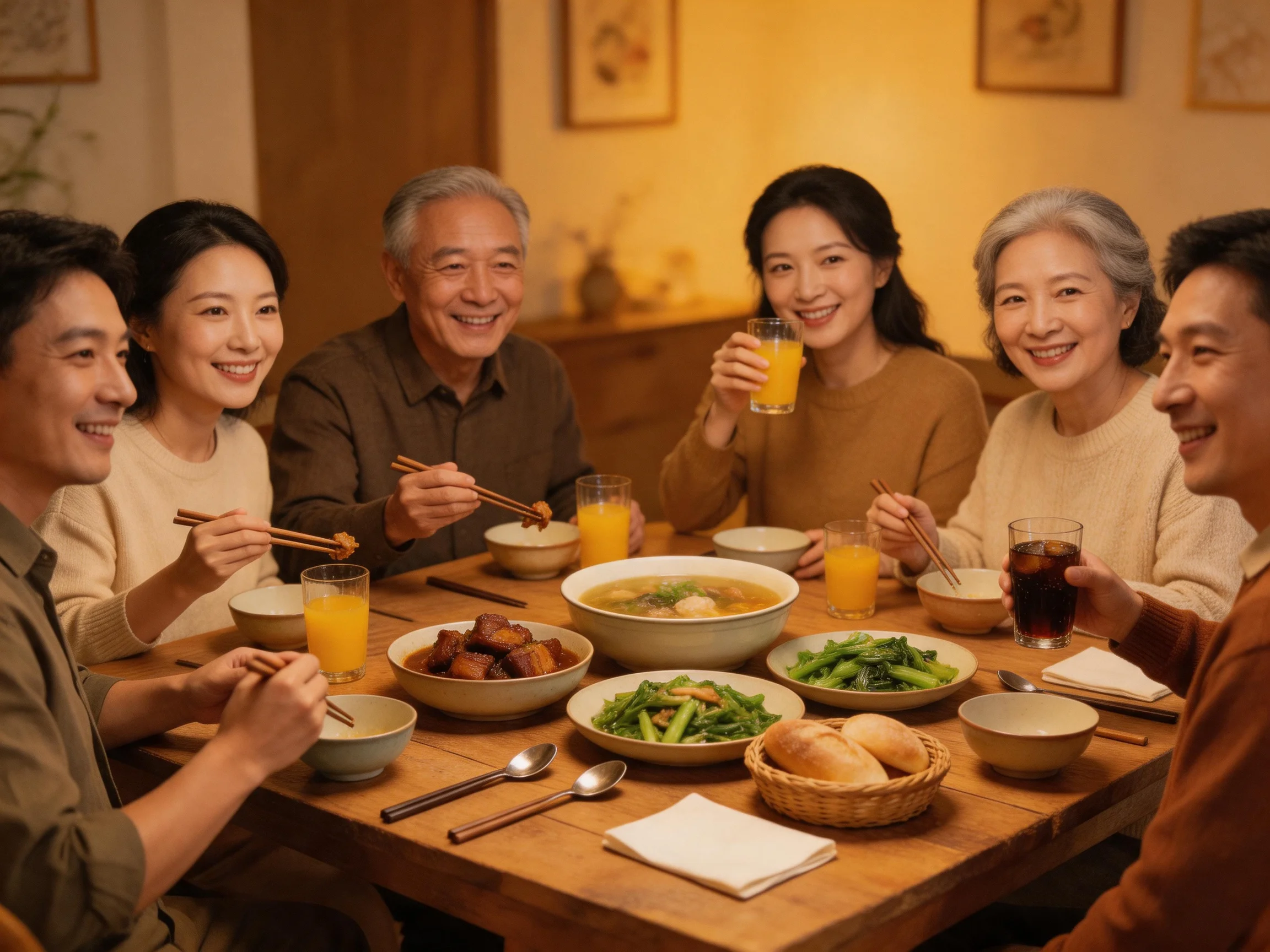 Six people sharing a meal around a wooden dining table
