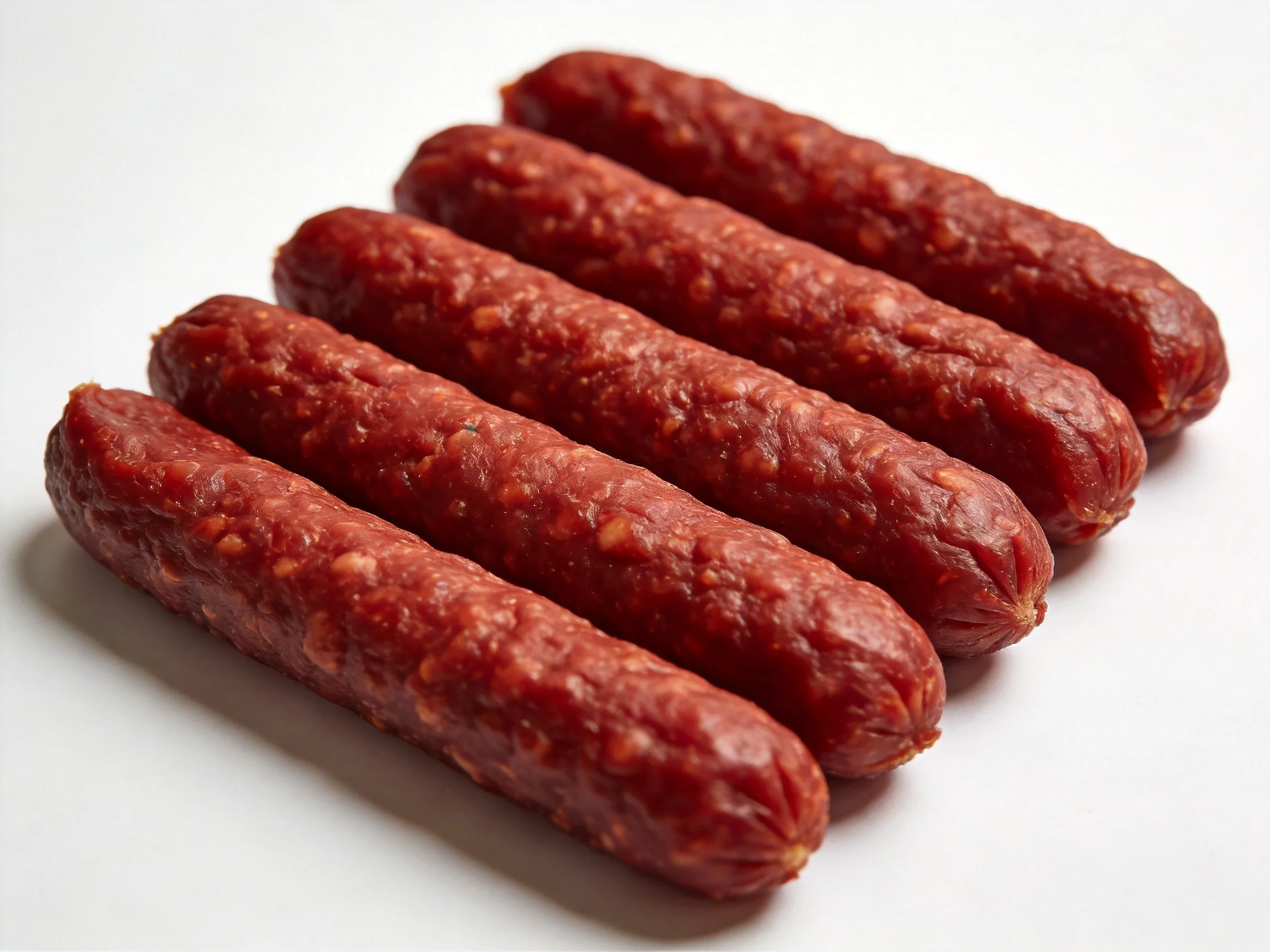 Six plump, reddish-brown smoked sausages displayed side by side