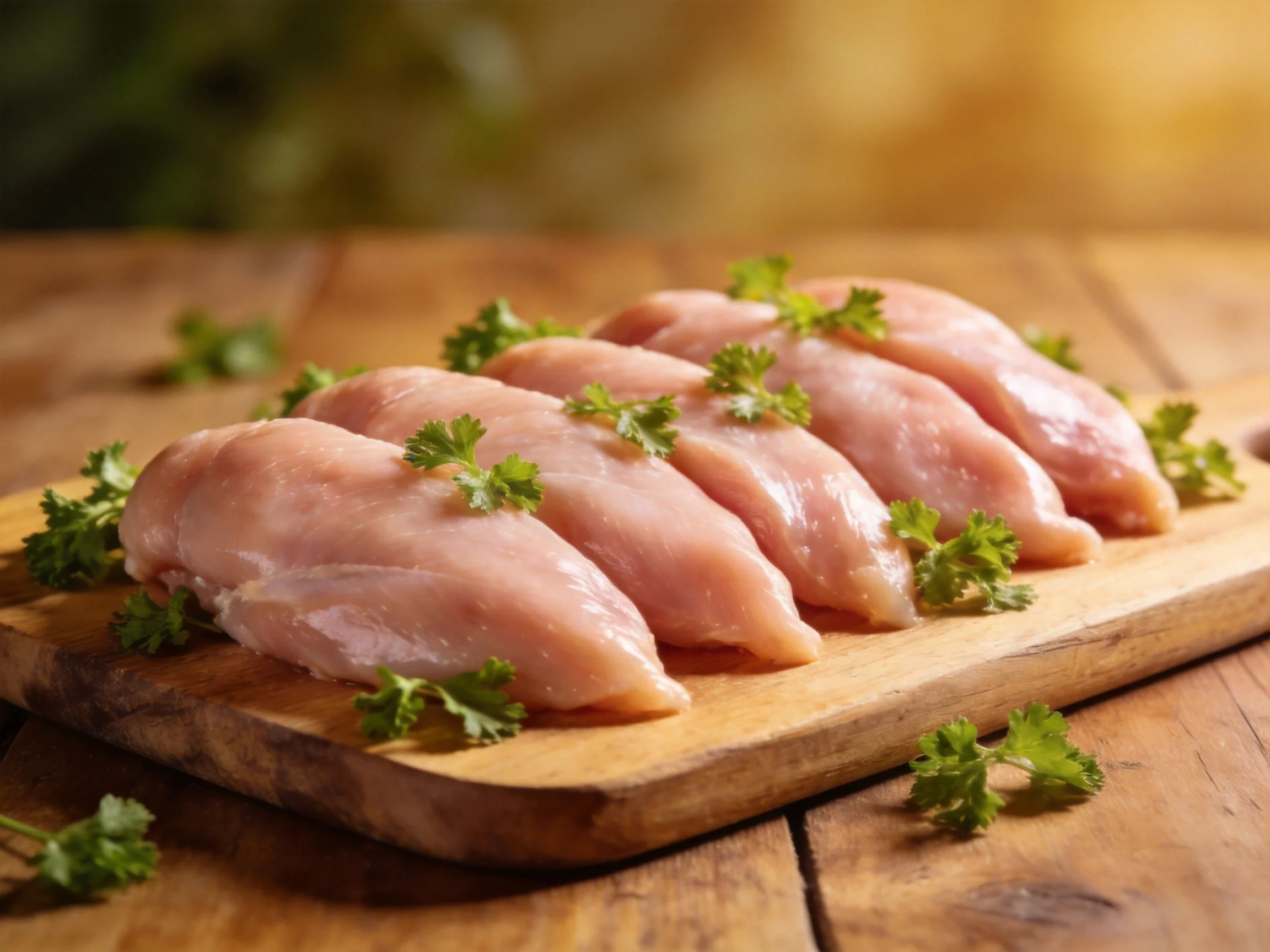 Six raw chicken breasts arranged on a wooden cutting board with parsley