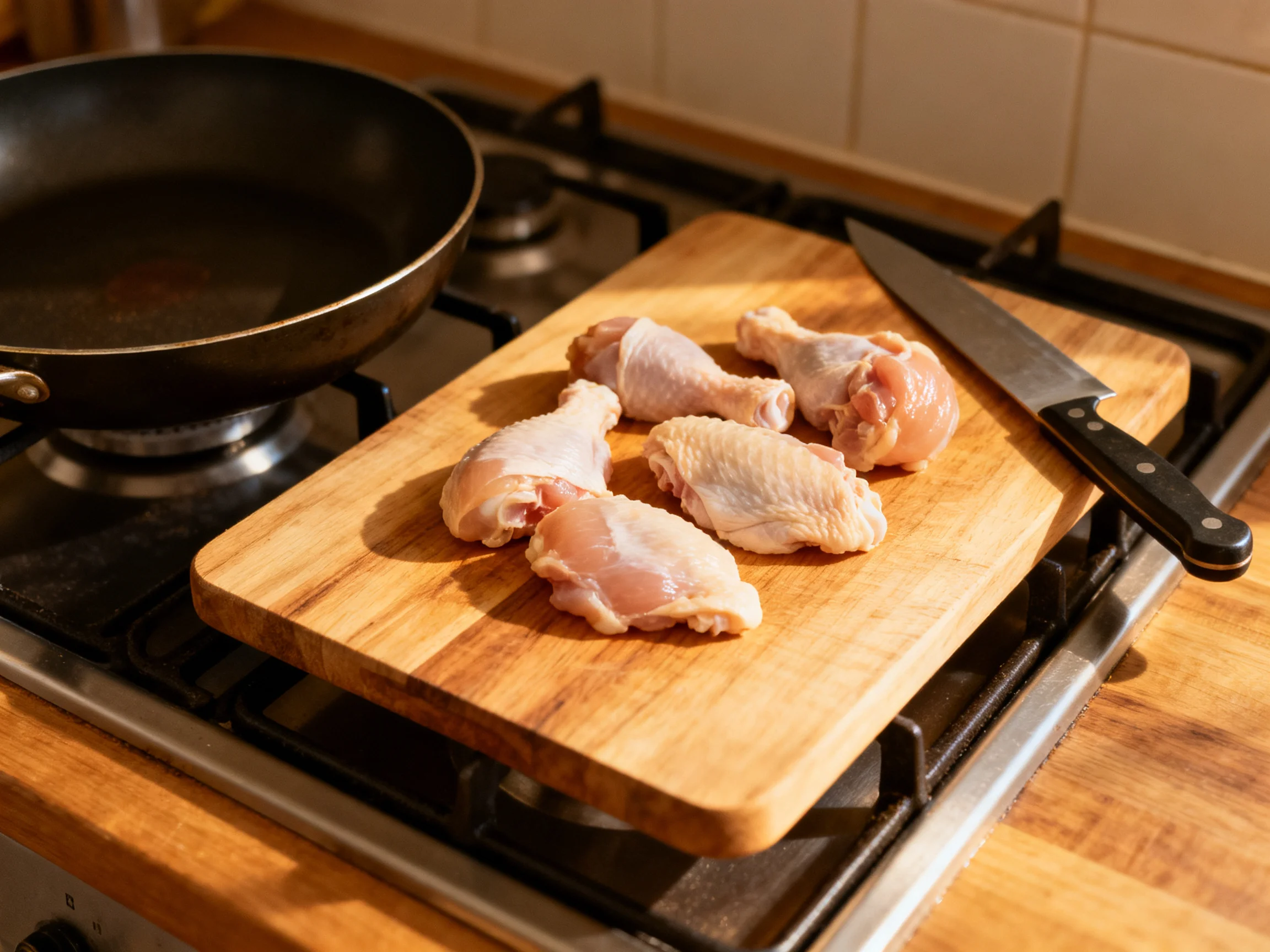 Six raw chicken pieces rest on a wooden cutting board near a frying pan and knife