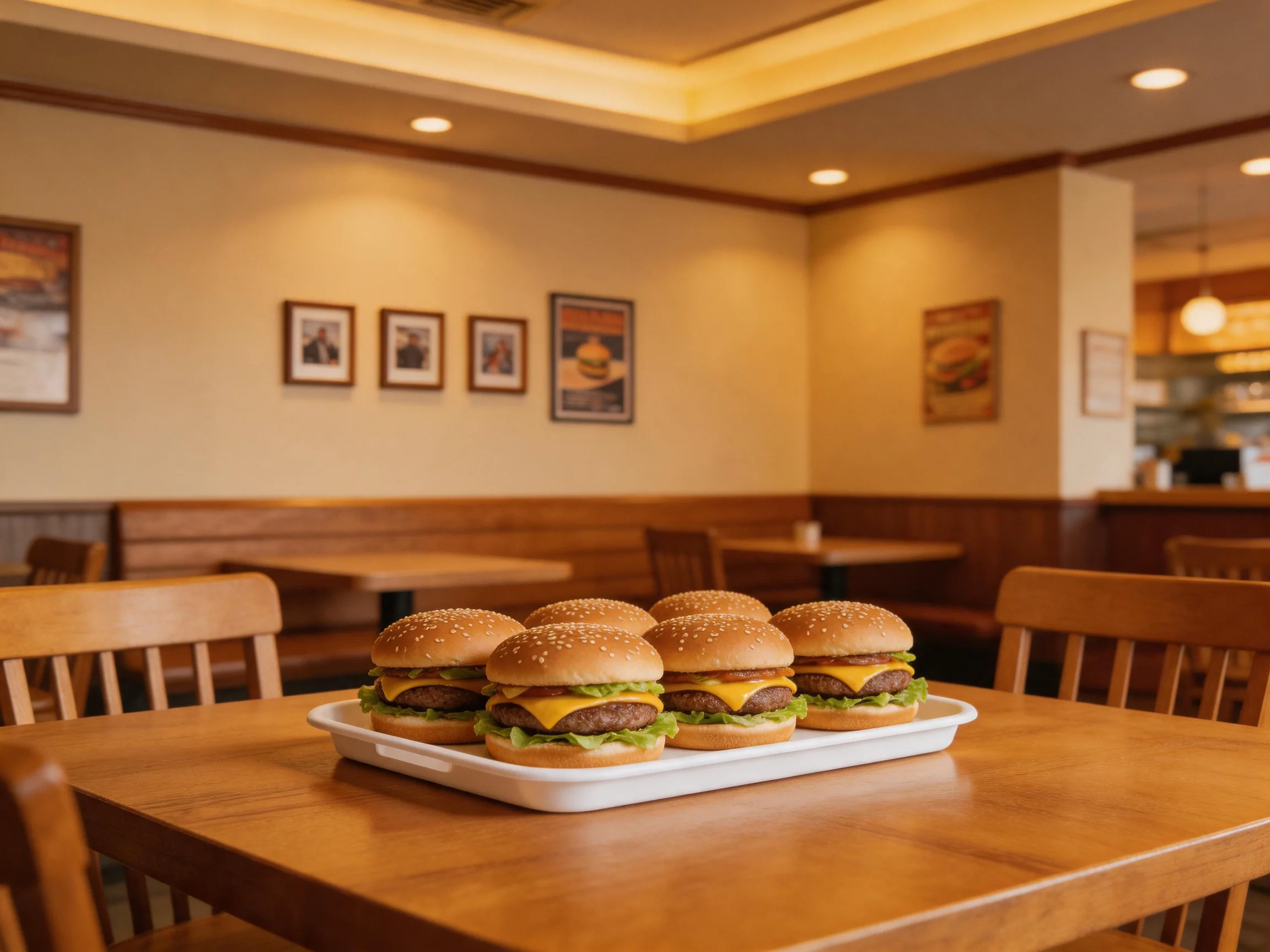 Six sesame seed cheeseburgers on a wooden table in a cozy diner.